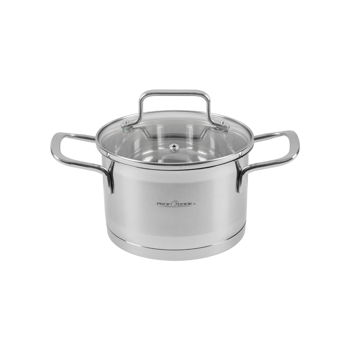 Garnek ze stali nierdzewnej ze szklaną pokrywką i dwoma uchwytami, na czarnym tle.