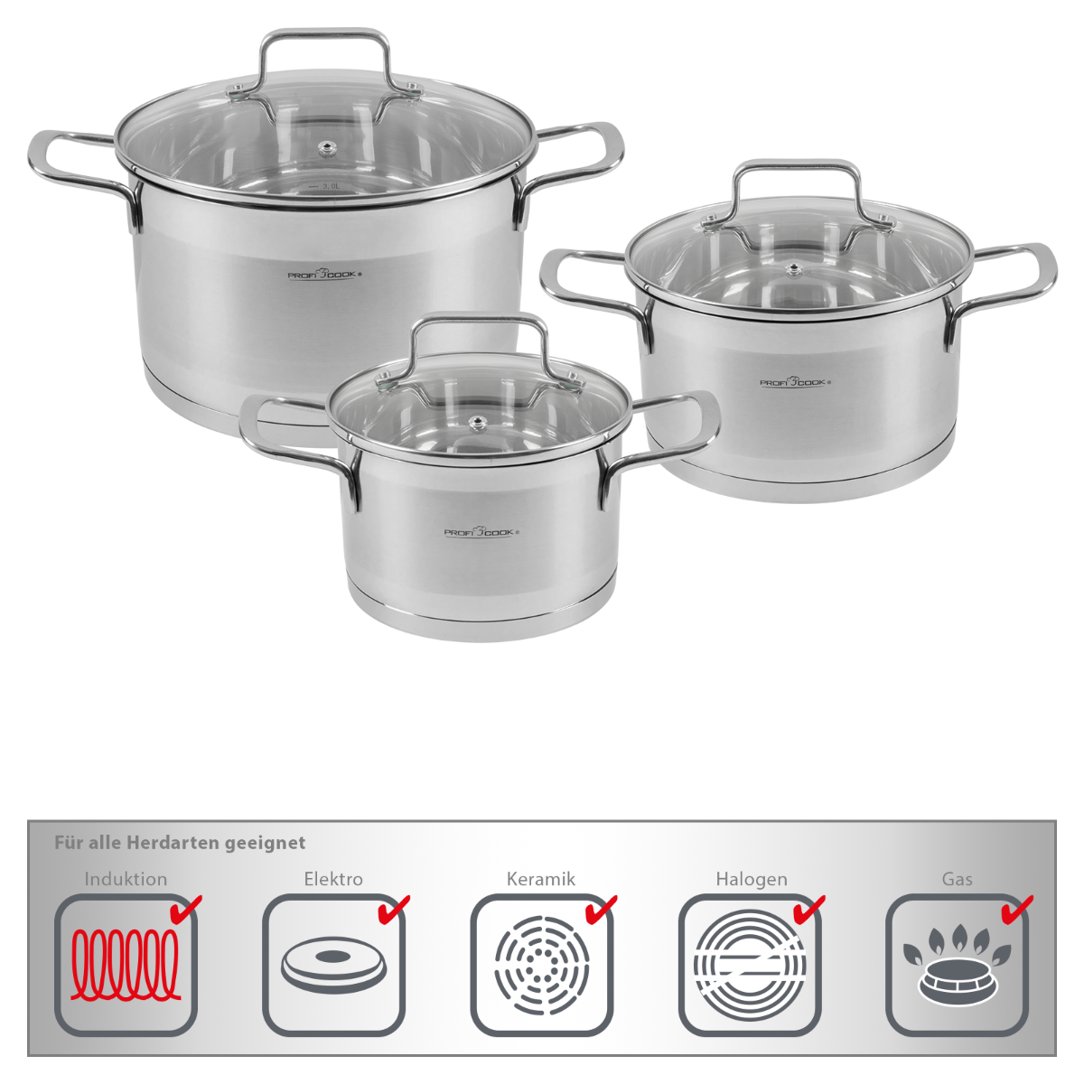 Trzy garnki ze stali nierdzewnej ze szklanymi pokrywkami. Są na czarnej powierzchni z ikonami płyt grzewczych.