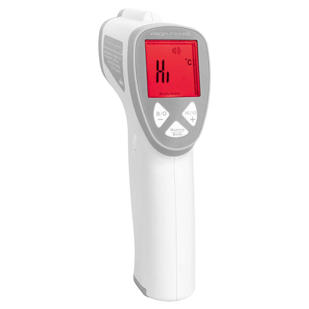 Weißes Infrarot-Thermometer mit roter Anzeige, die 'Hi' und die Temperatur in Celsius zeigt.
