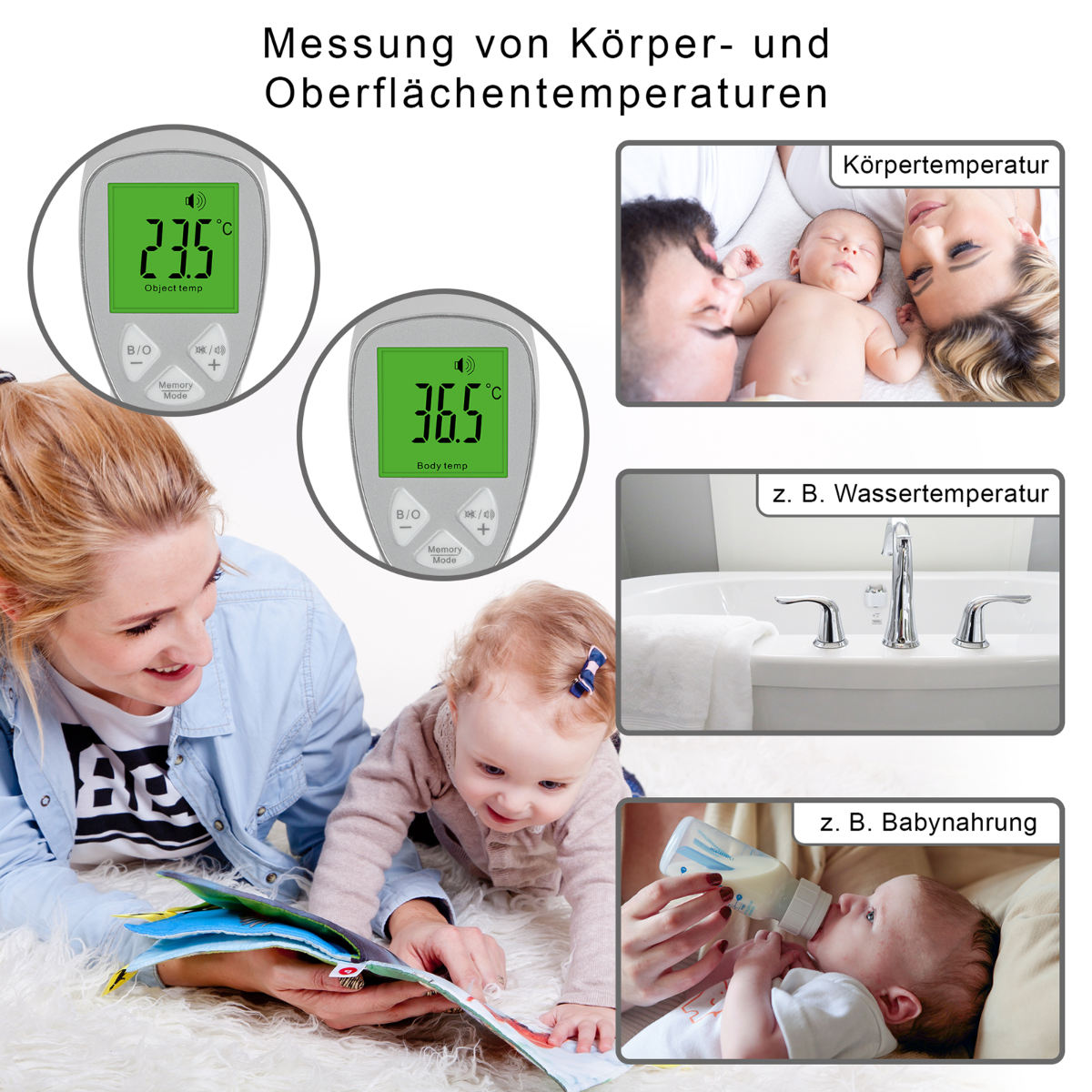 Diagramm von Gesundheitsmessungen mit Baby, Paar und Babyflasche. Temperaturen werden angezeigt.