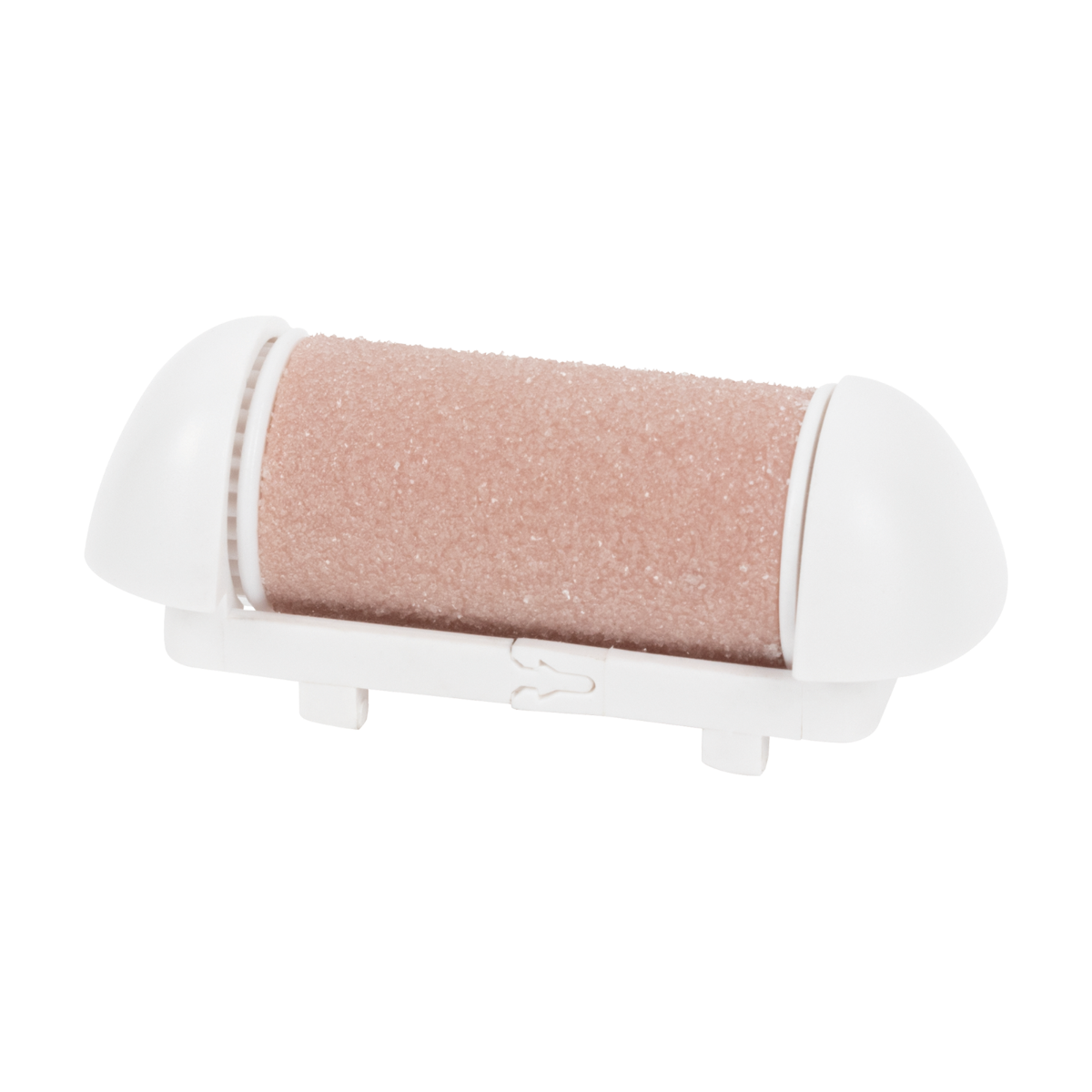 Białe urządzenie z obrotową głowicą do usuwania zrogowaciałego naskórka. Głowica jest jasnobrązowa i teksturowana.