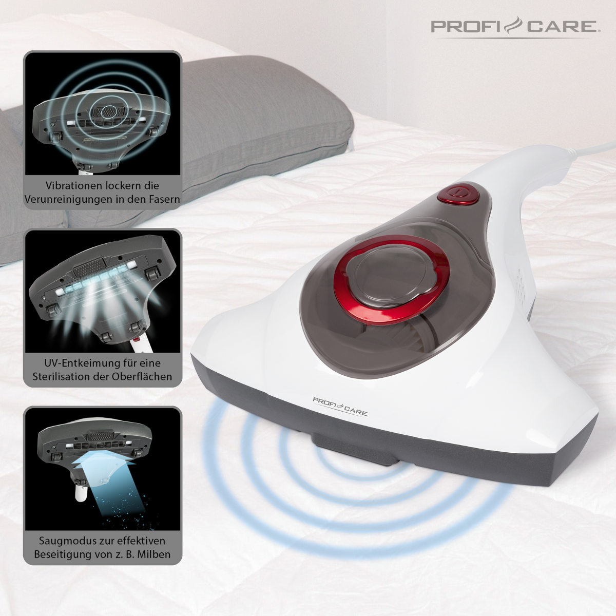 Biało-szary odkurzacz ręczny z diagramami na łóżku. Logo PROFI CARE.