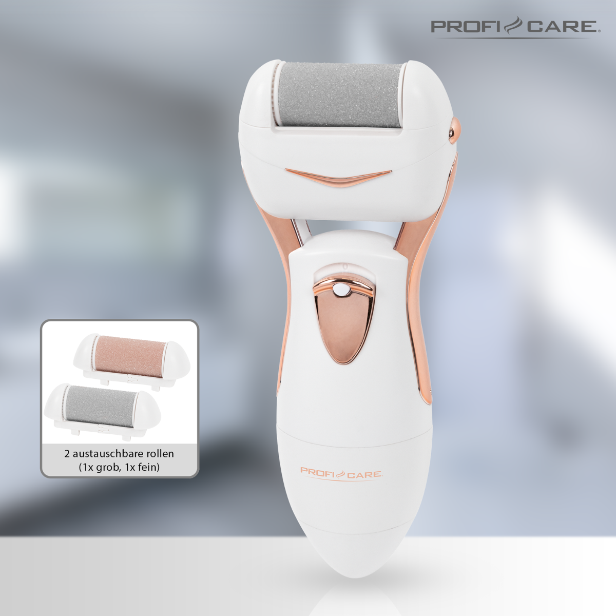 Białe urządzenie do pielęgnacji stóp z wymiennymi rolkami. Różowe złoto.