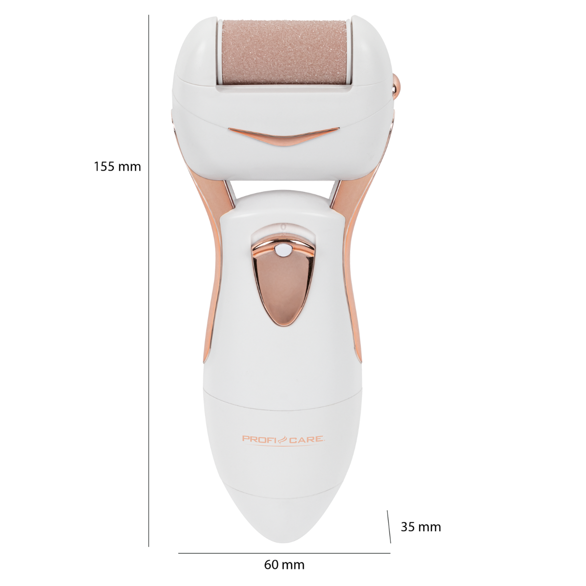 Białe urządzenie do pielęgnacji stóp ze złotymi akcentami. Pokazuje pomiary długości i szerokości.