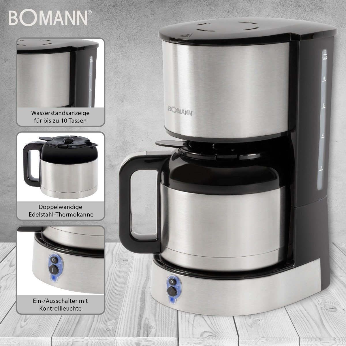 Caffettiera Bomann nera e argento. Ha una caraffa termica, un indicatore del livello dell'acqua e un pulsante di accensione.