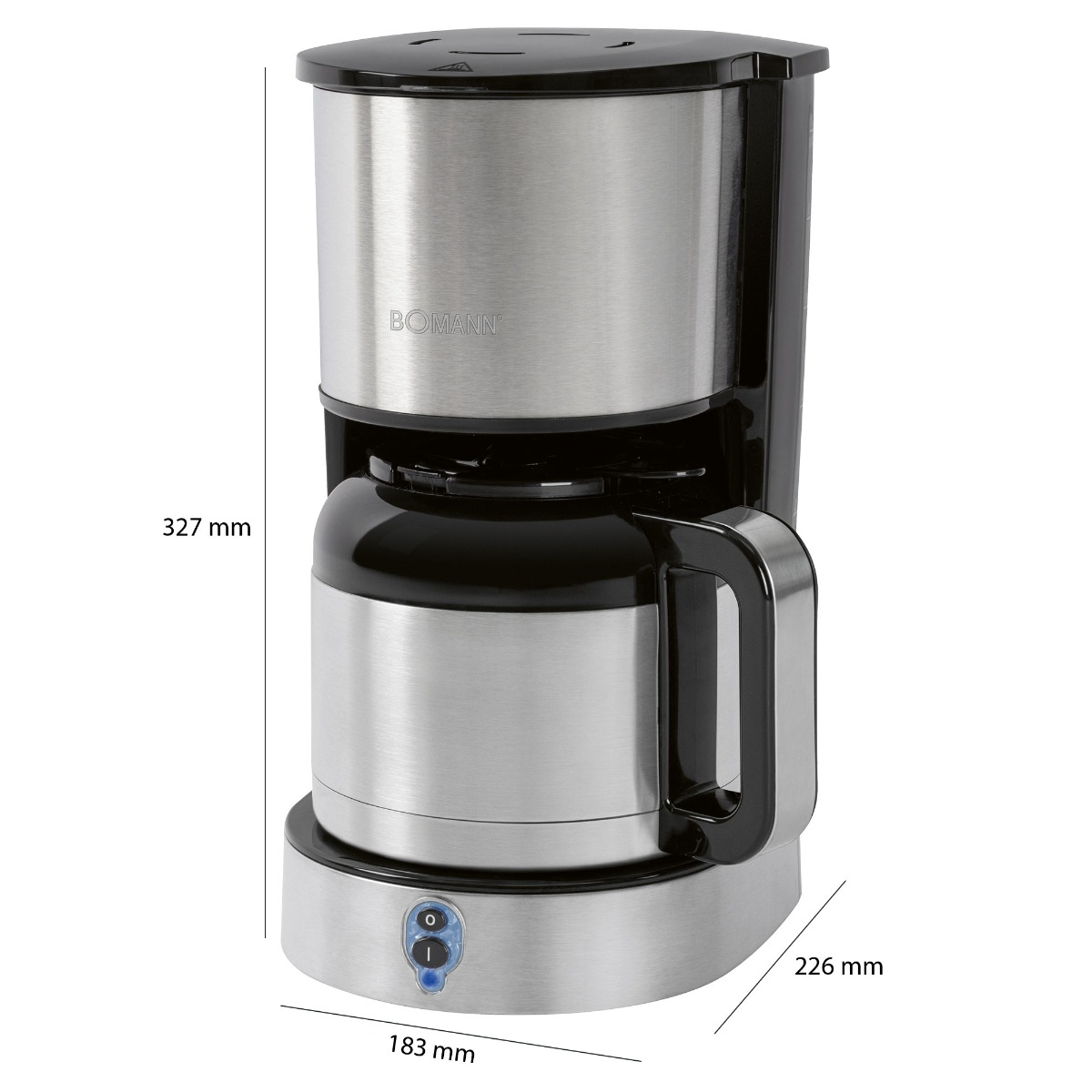 Macchina da caffè in acciaio inox e nera con dimensioni, su sfondo bianco.