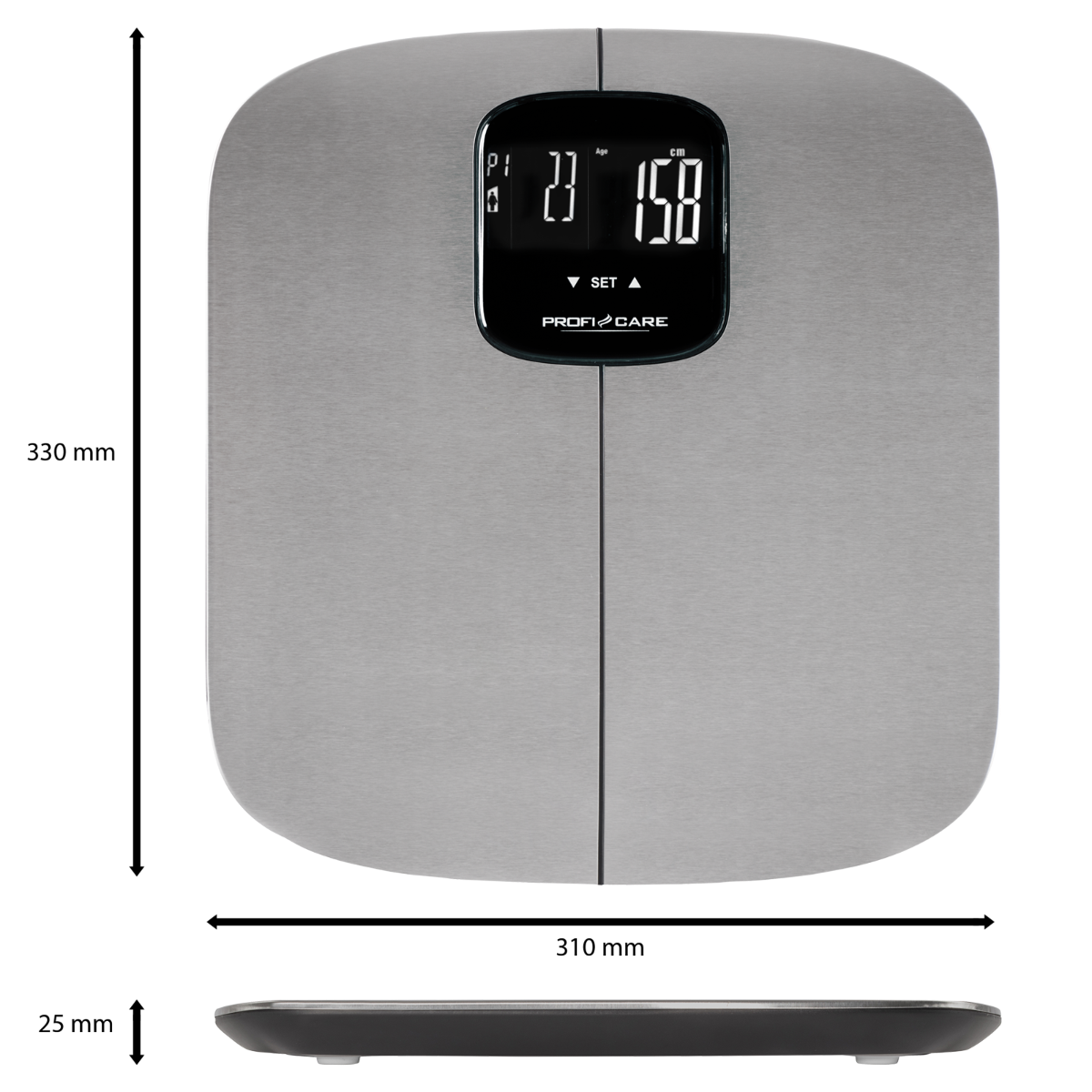 Srebrna cyfrowa waga łazienkowa pokazująca 15,9 kg i 23 lata. Waga jest na białym tle.