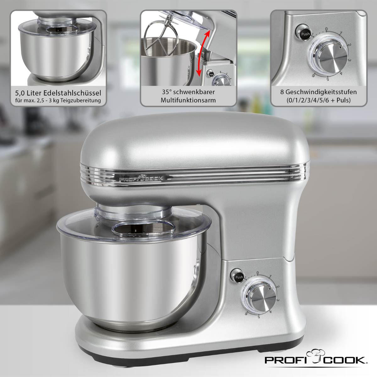PROFICOOK Watt) Silber Küchenmaschine 5 PC-KM (Rührschüsselkapazität: 1200 W 1222 Liter,