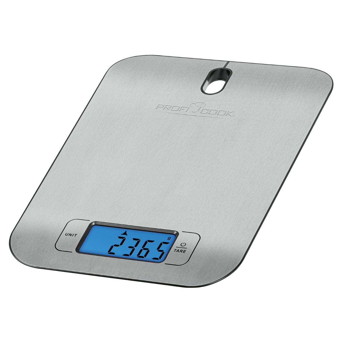 Srebrna cyfrowa waga kuchenna Profi Cook, wyświetlająca 2365 gramów na niebieskim ekranie.