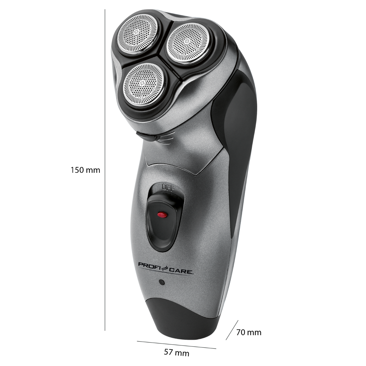 Srebrno-czarna golarka elektryczna z trzema obrotowymi głowicami i przyciskiem wyłączania.