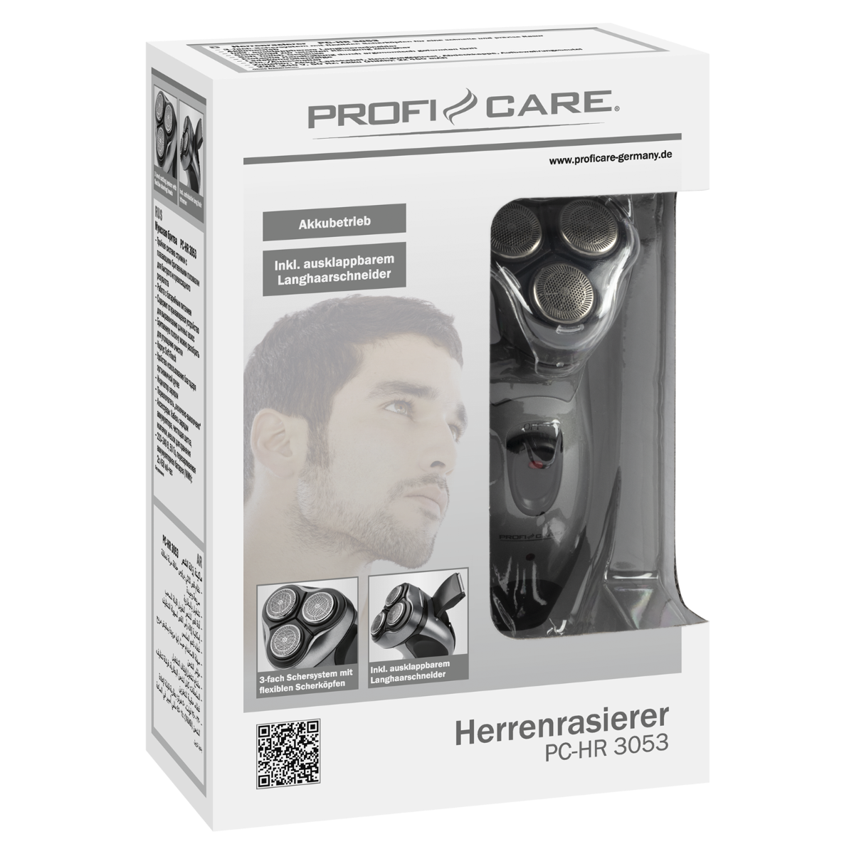 Elektryczna golarka z trzema głowicami w pudełku, twarz mężczyzny i szczegóły produktu.