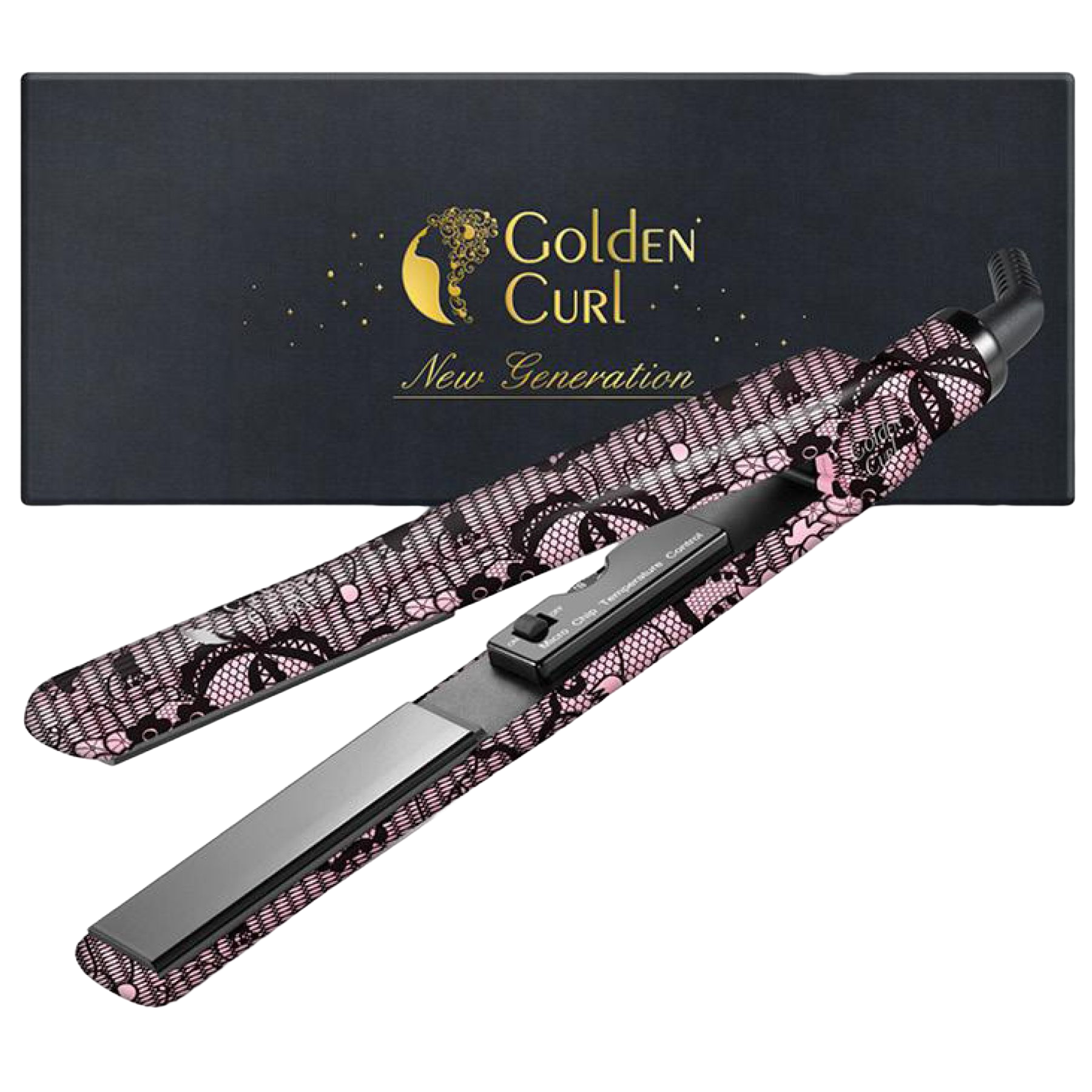 Ein Glätteisen mit schwarzem und rosa Spitzendesign und einer schwarzen Box. Die Marke ist Golden Curl.