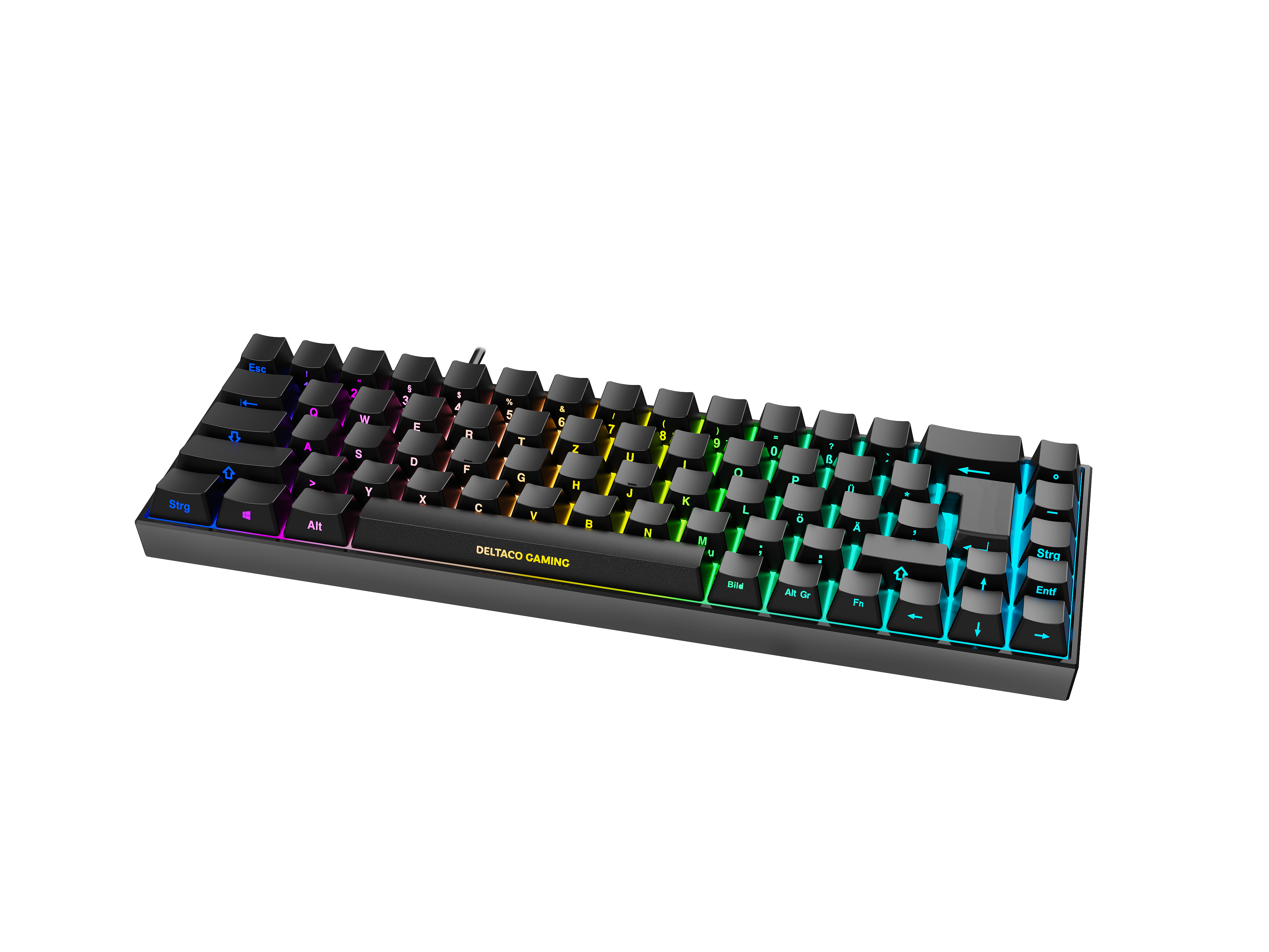 Schwarze mechanische Tastatur mit Regenbogen-Tastenbeleuchtung, weißer Hintergrund.