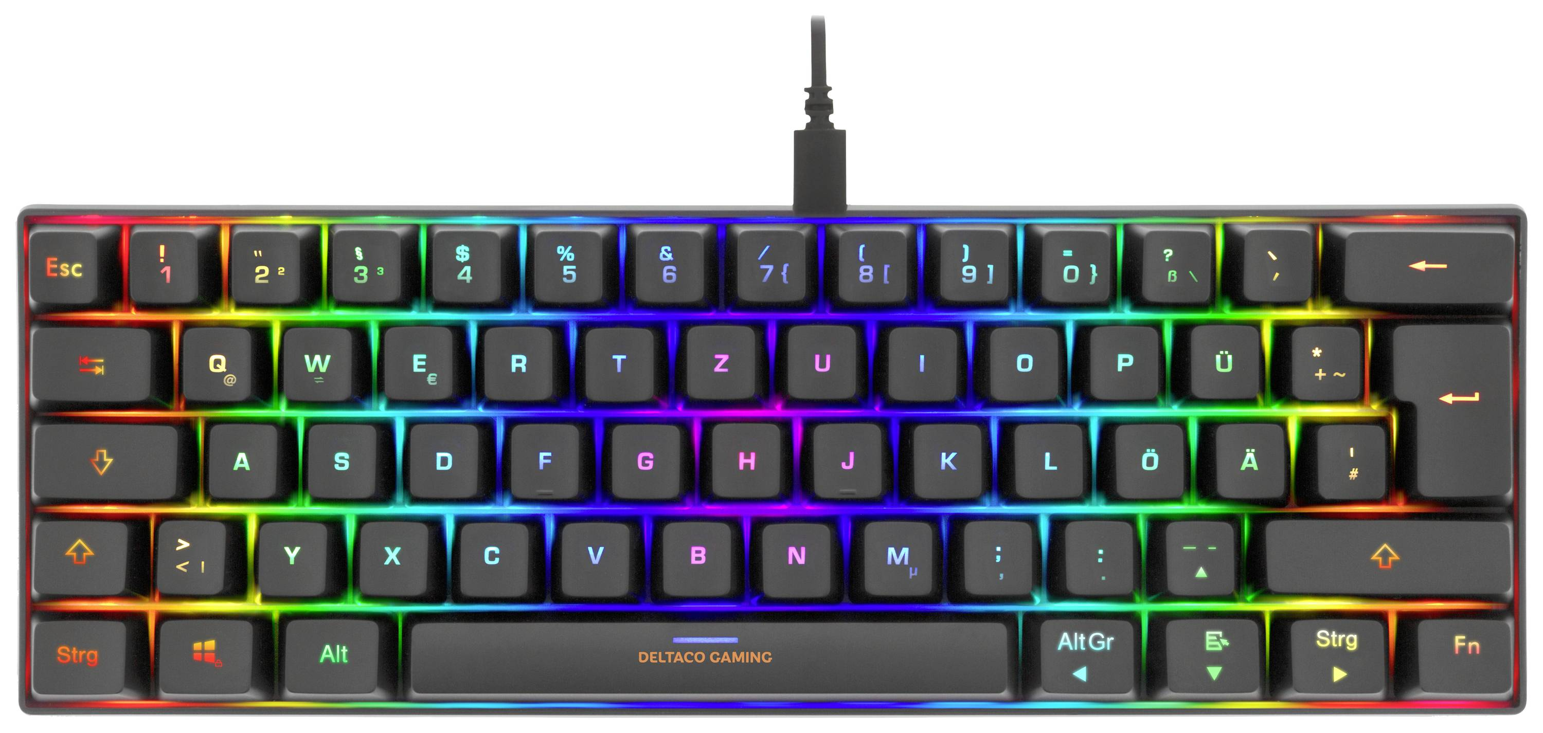 Tastiera nera con tasti arcobaleno. Layout compatto con tasti funzione.