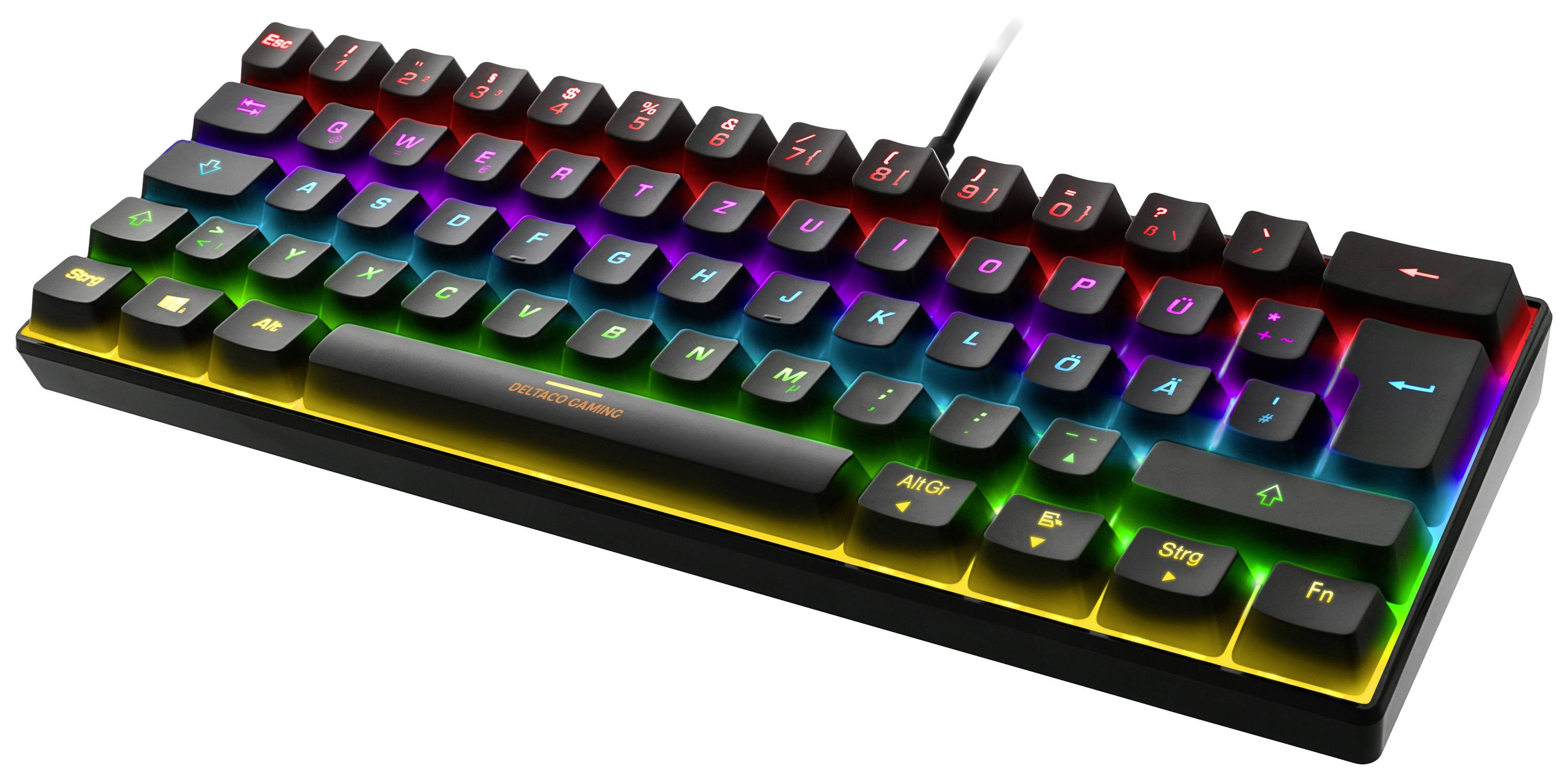Tastiera gaming con illuminazione RGB. Nera, con colori arcobaleno sui tasti.