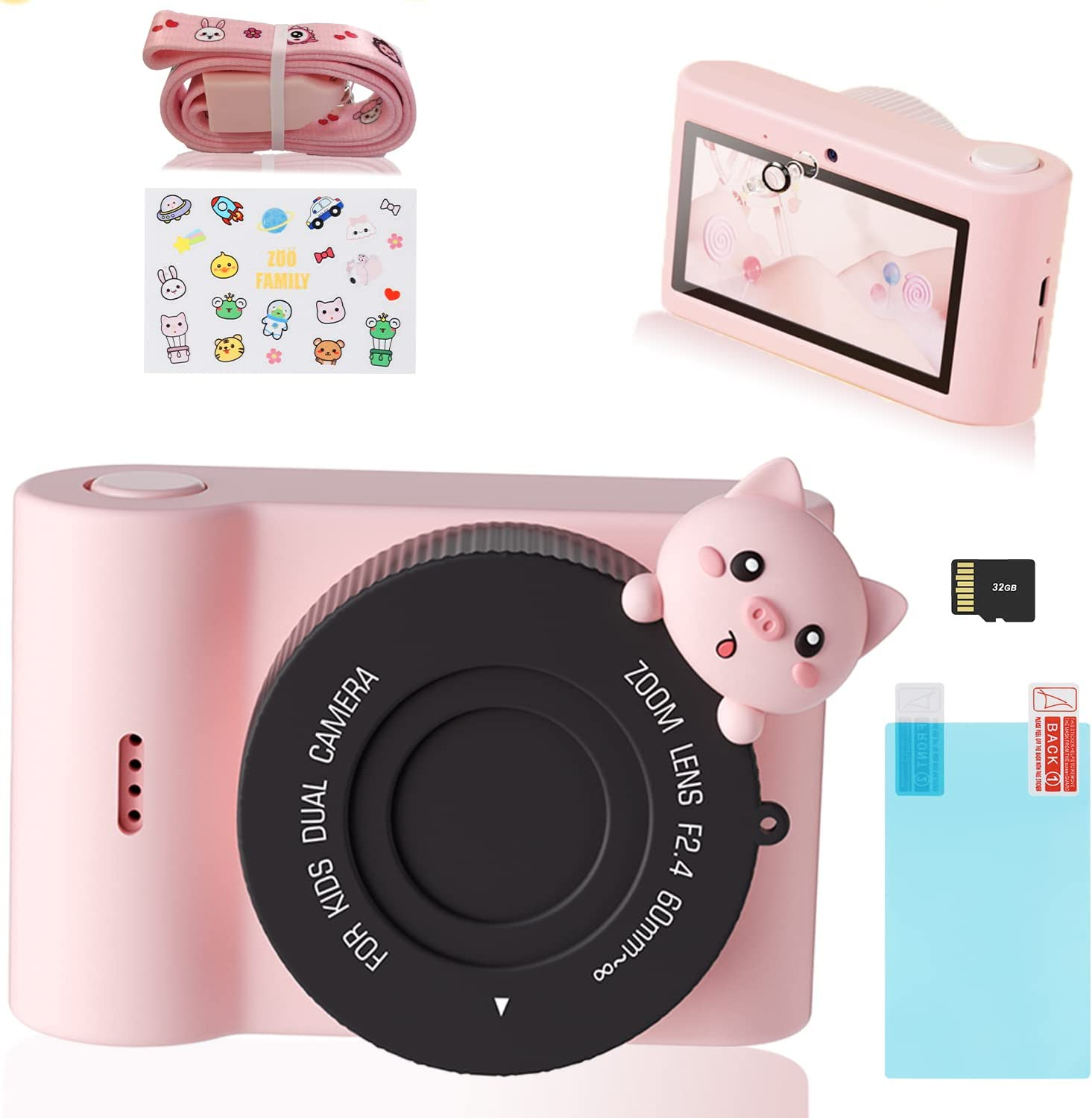 LINGDA Rosa) Rosa- Kinderkamera-3(48MP,1080P,WiFi SD-Karte, DigitalKamera Fotokamera,32GB Kinderkamera