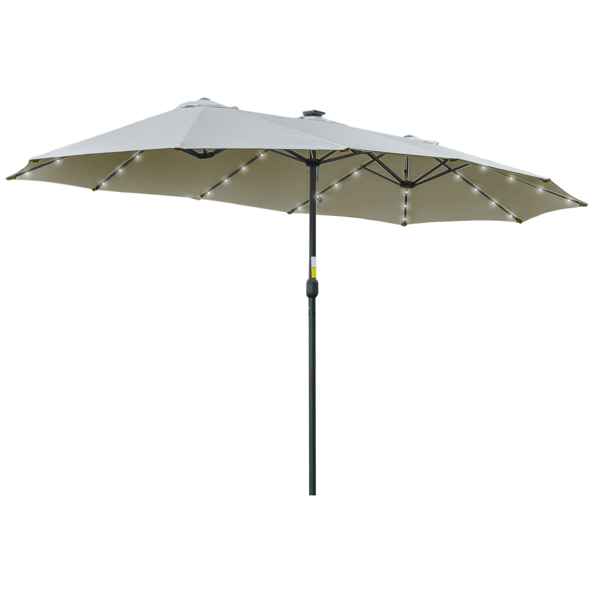 Un ombrellone rettangolare beige chiaro con LED solari e un palo scuro.