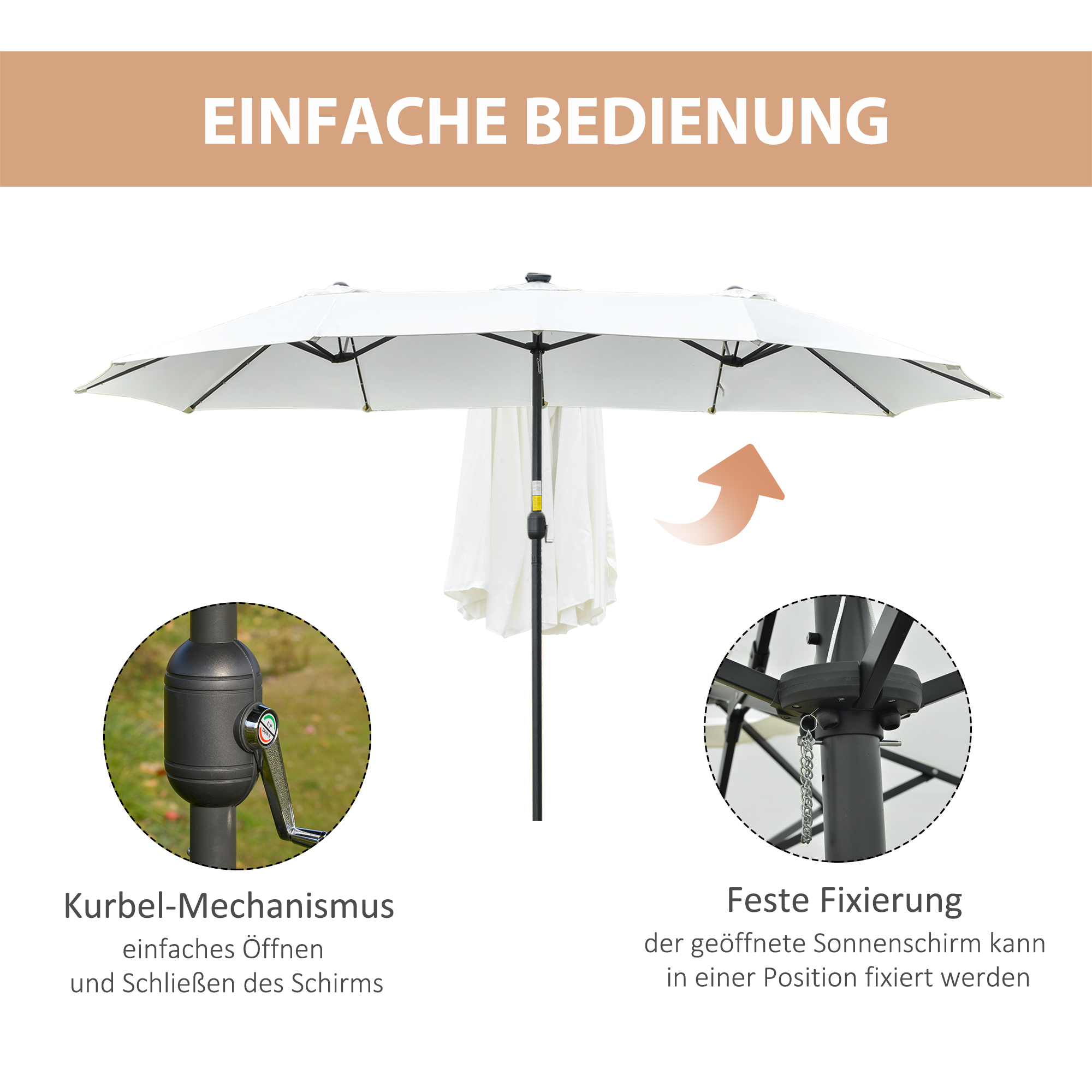 Weißer Doppelschirm mit Kurbelmechanismus und ein Diagramm, das die Befestigung des Schirms zeigt.