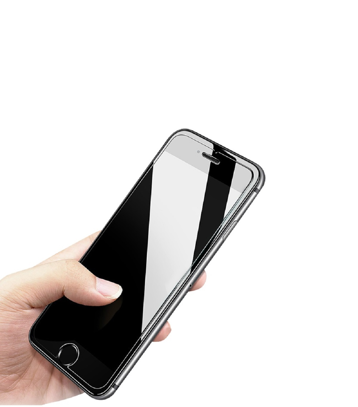 Eine Hand hält ein schwarzes Smartphone mit Displayschutz. Weißer Hintergrund.