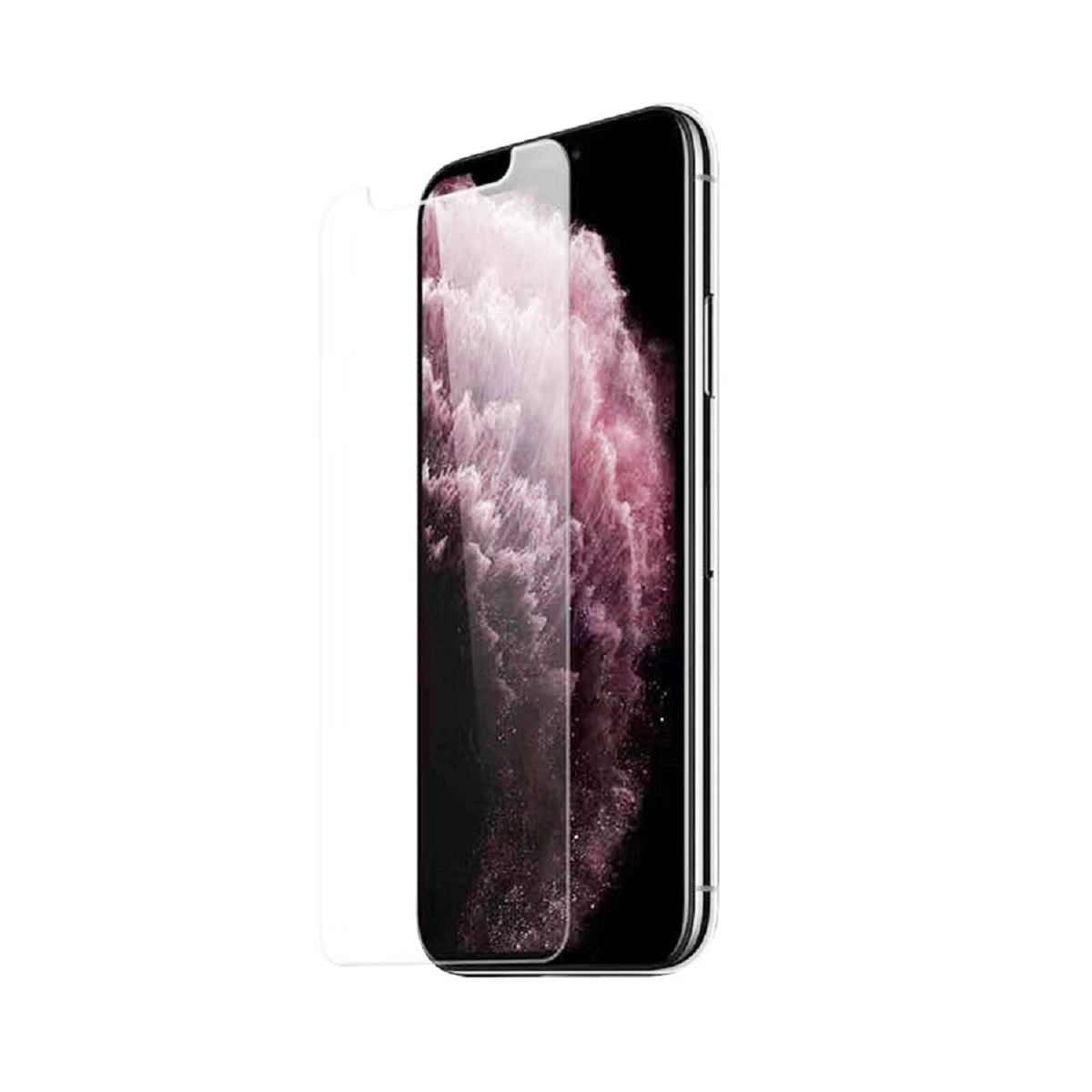 Smartphone mit Displayschutzfolie, mit verschwommenem Hintergrundbild. Klarer Schutz links.