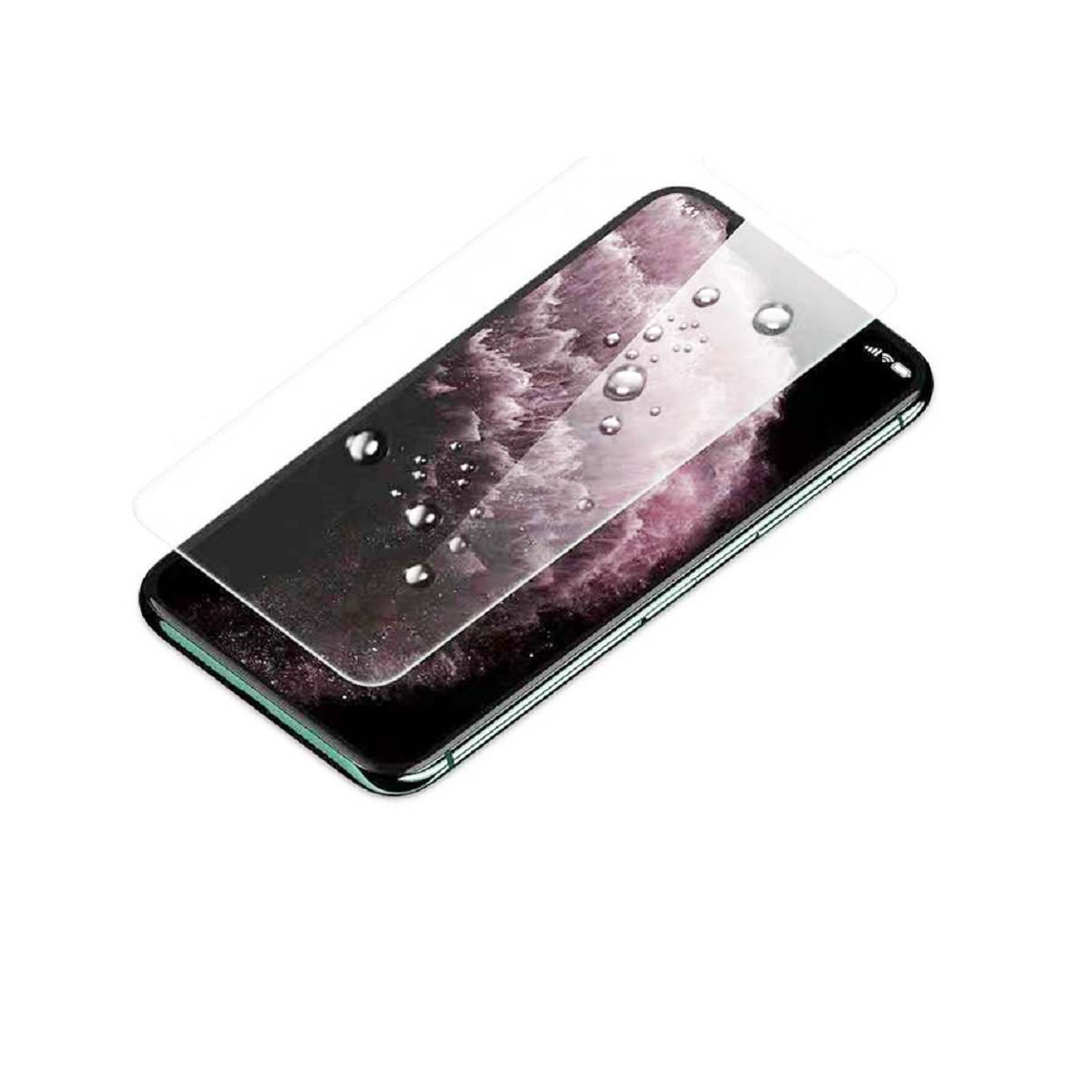 Ein Telefon mit einer Displayschutzfolie, mit Wassertropfen auf dem Bildschirm.