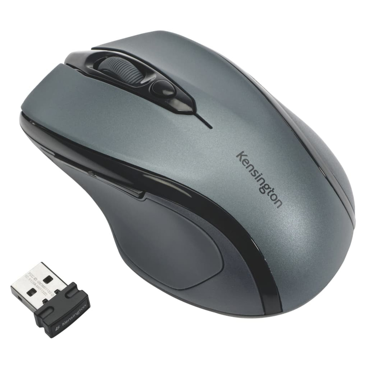 Grijze draadloze muis met een USB-ontvanger. Kensington merk.