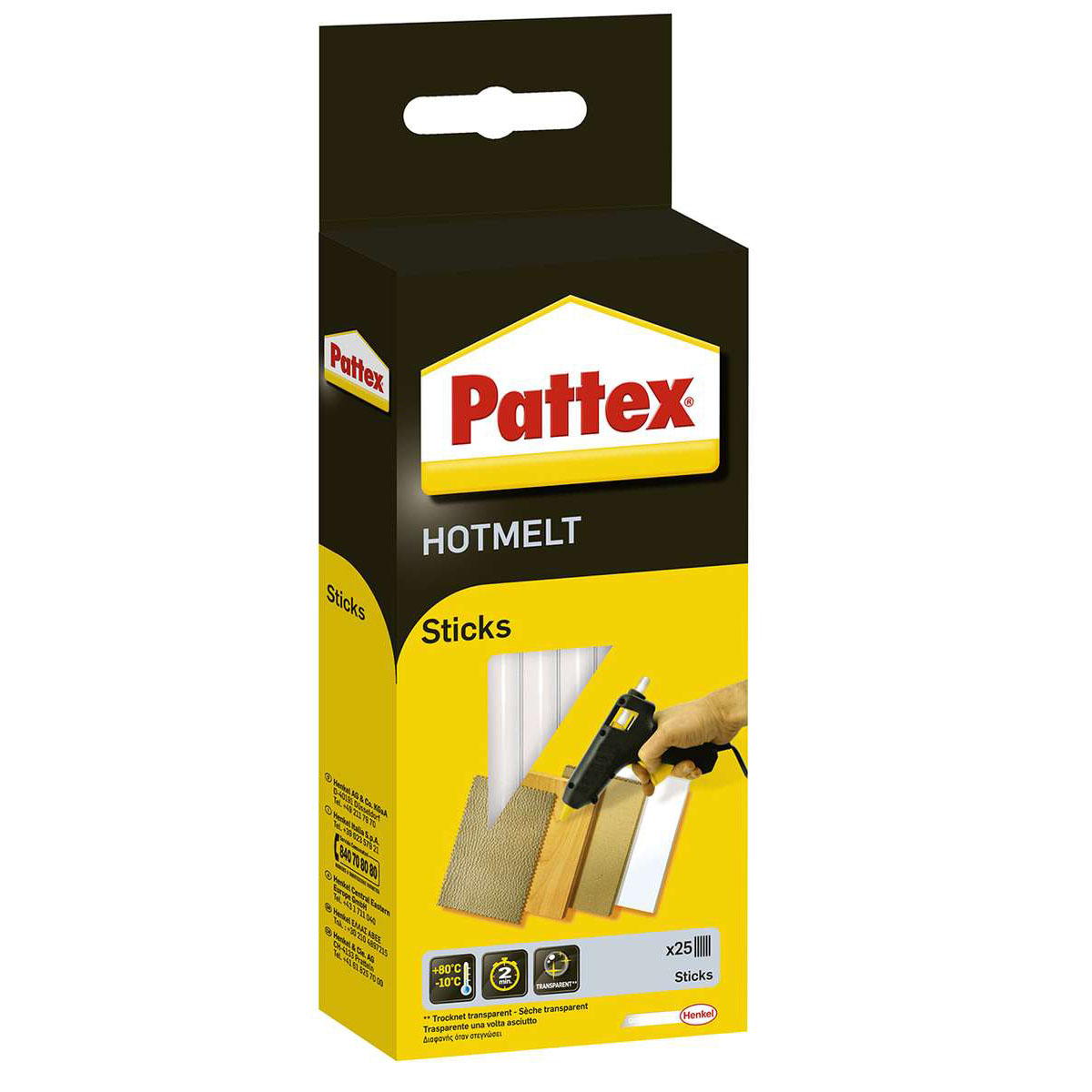 Eine Schachtel mit Pattex Hotmelt Klebestiften, einer Klebepistole und Beispielen an der Seite.