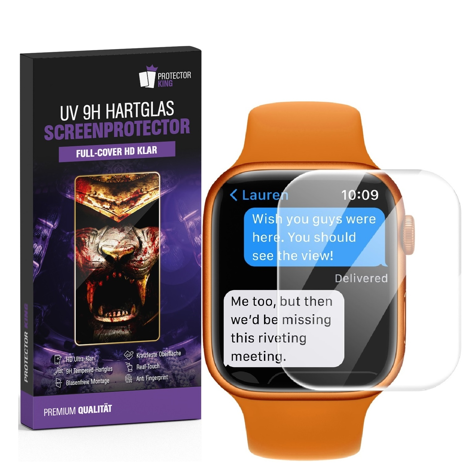 Apple Watch mit Displayschutz. Textkonversation auf dem Bildschirm. Produktbox links.