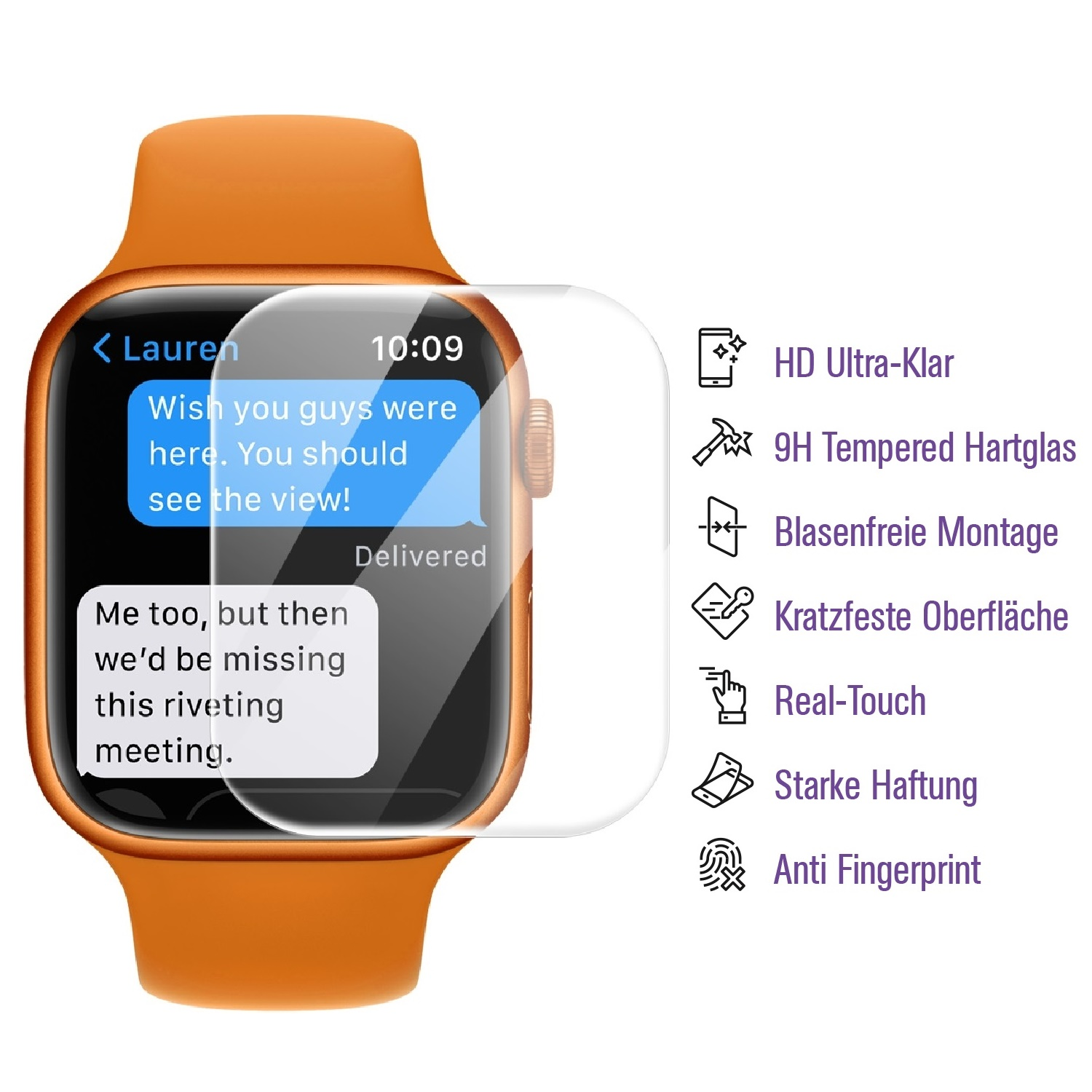 Eine orangefarbene Smartwatch zeigt eine Textnachricht an. Der Displayschutz ist auf der Uhr sichtbar.