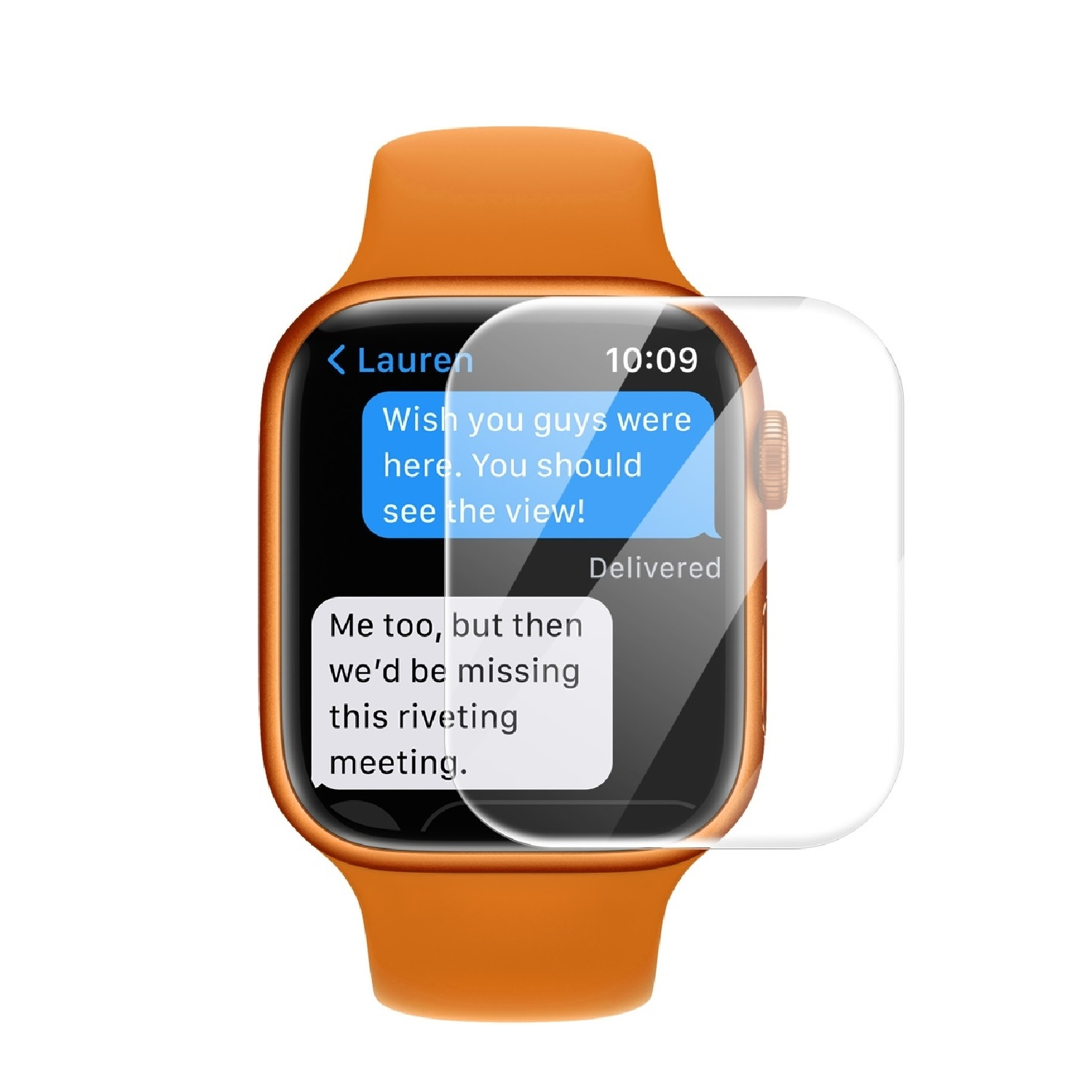 Orangefarbene Smartwatch mit Textnachrichten-Konversation.