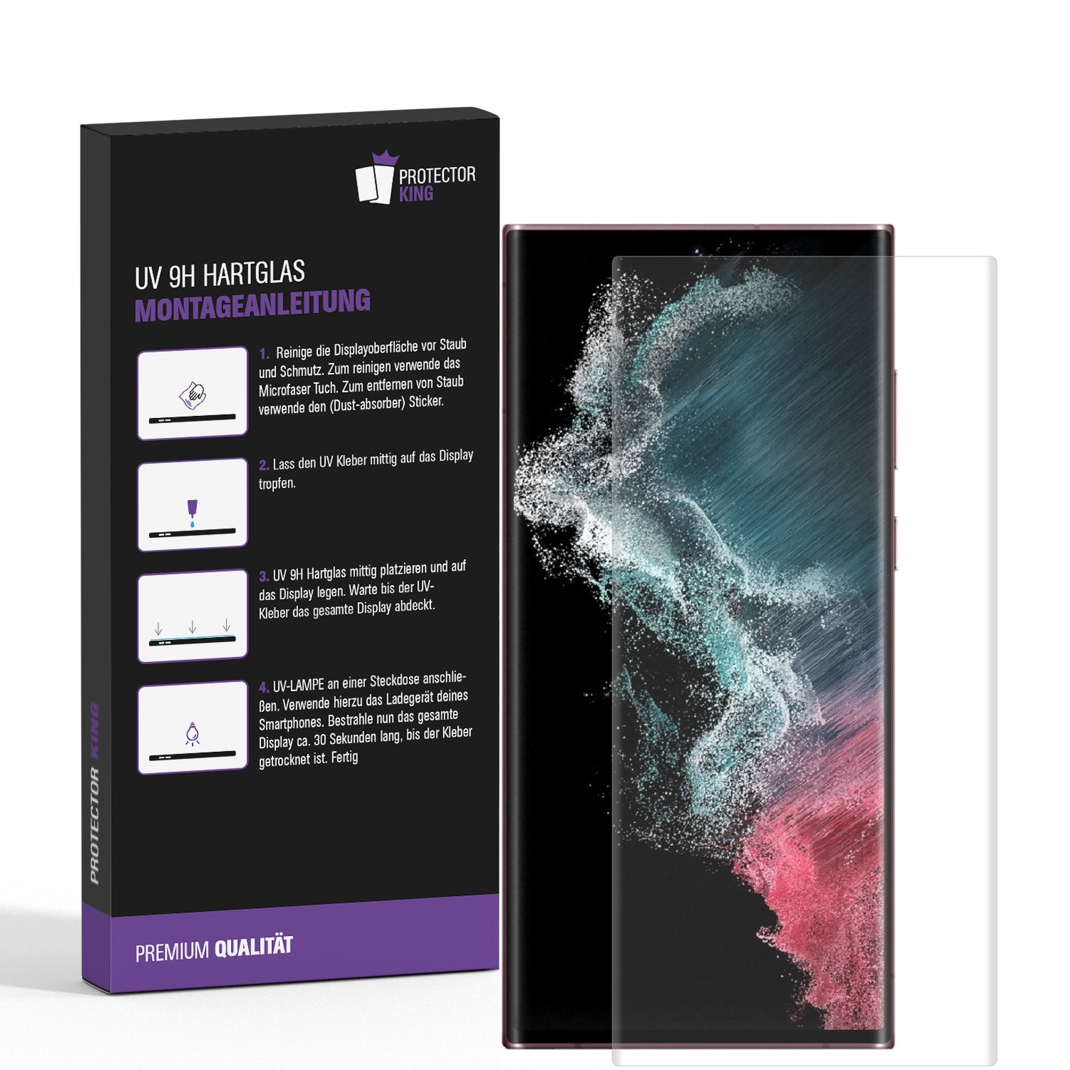 Smartphone mit Displayschutz, schwarze Box mit Anweisungen. Telefon ist silber, Hintergrund ist blau und rosa.