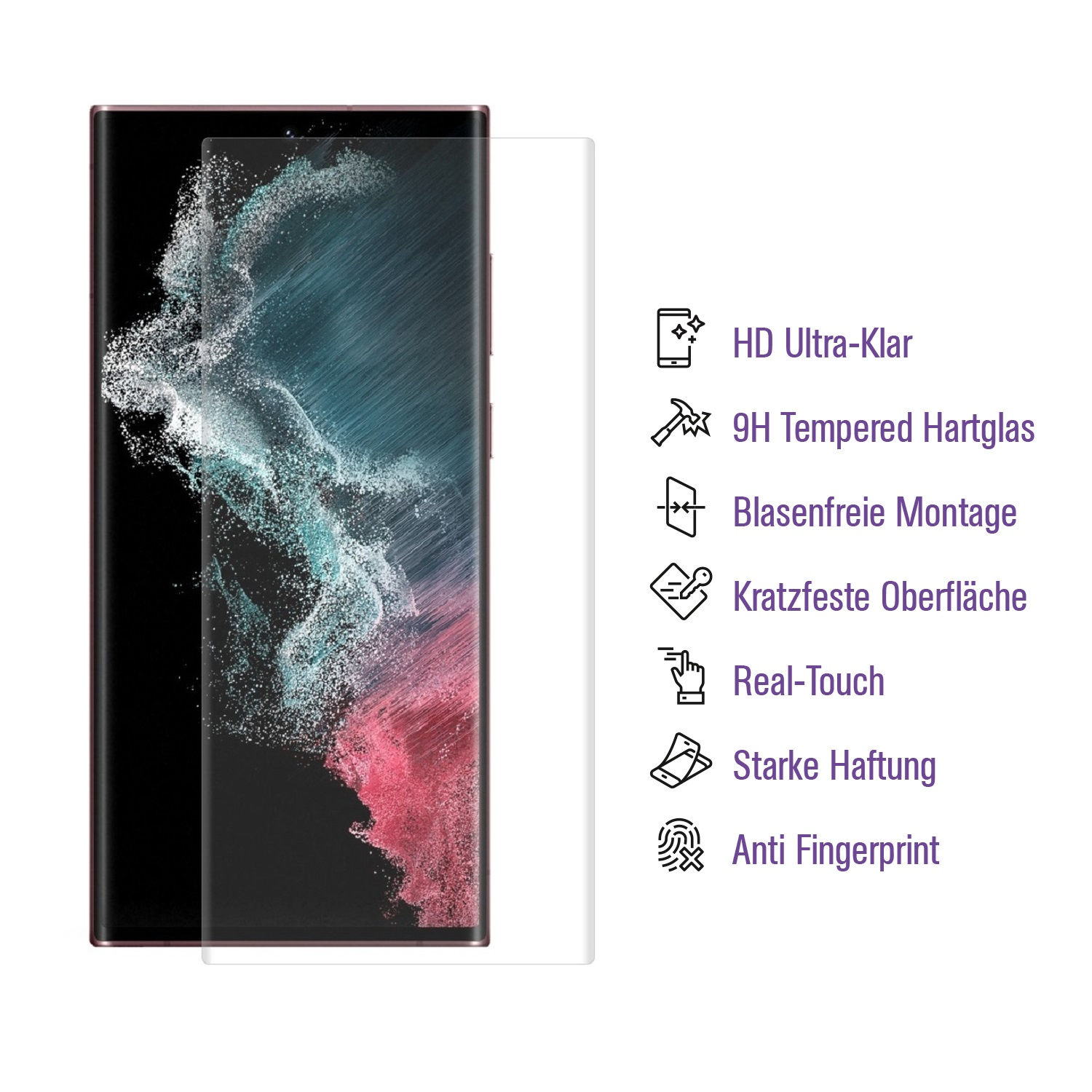 Smartphone mit Displayschutzfolie und Symbolen, weißer Hintergrund. Details des Schutzes.