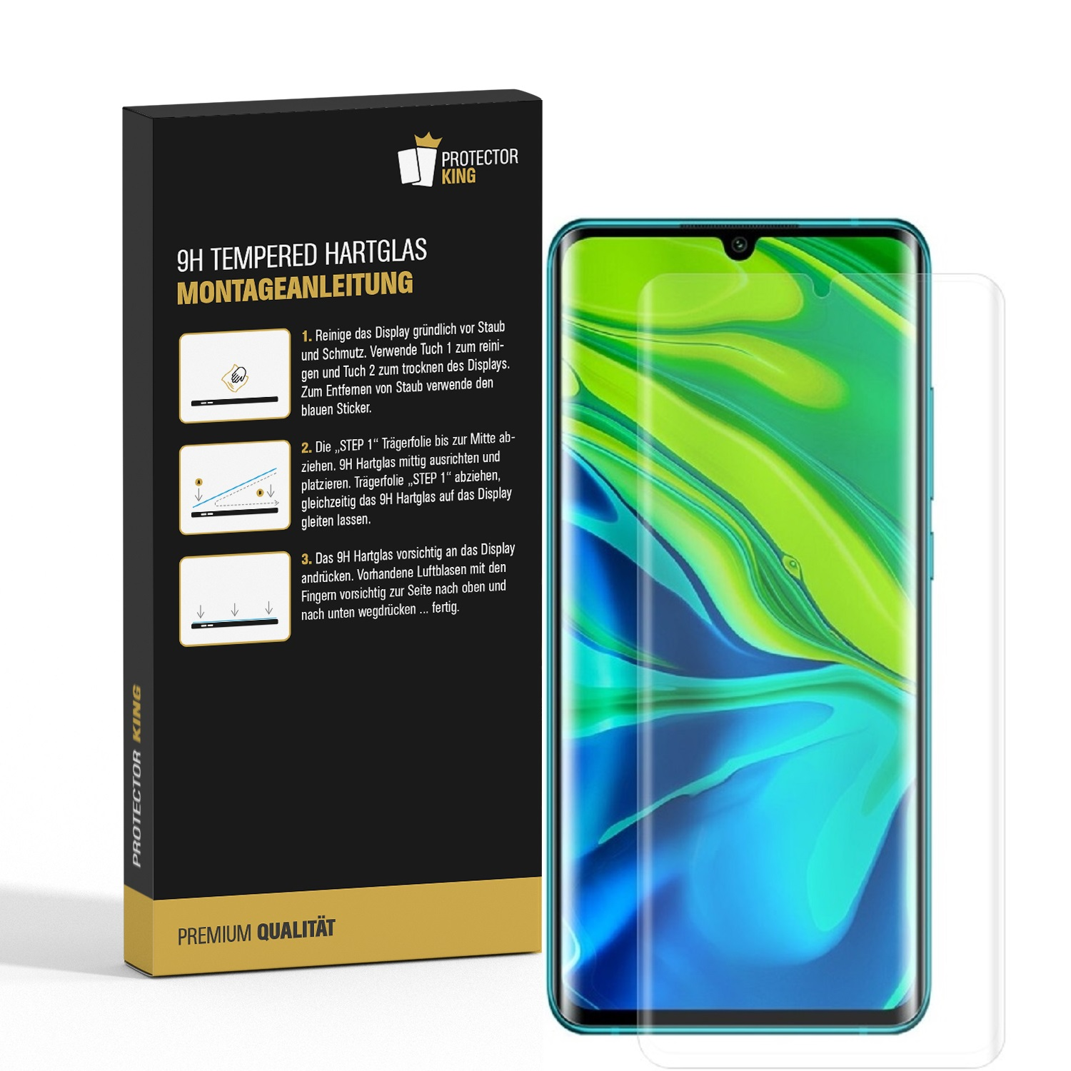 Displayschutzfolien-Box mit Anleitung und Schutz. Der Schutz ist transparent und auf einem Telefon platziert.