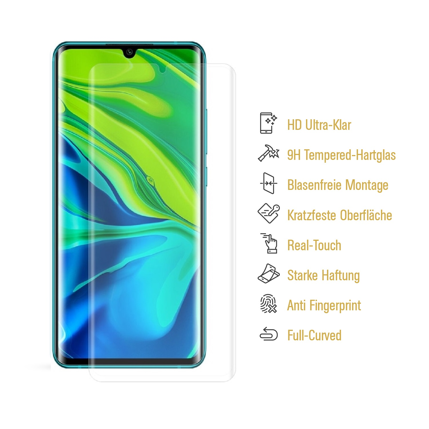 Smartphone mit aufgebrachter Displayschutzfolie. Merkmale: HD Ultra-Clear, 9H Hartglas, etc.