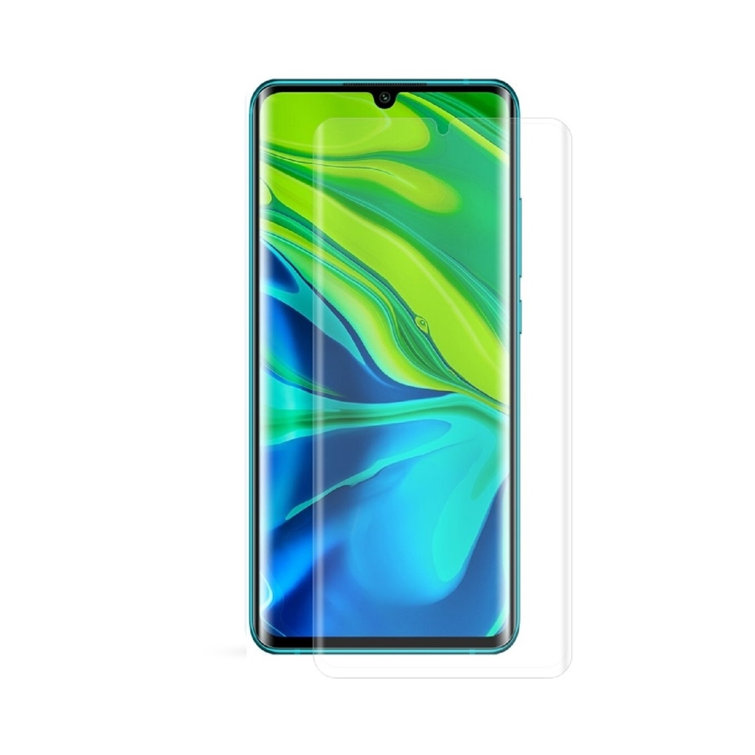 Ein Smartphone mit aufgebrachter Displayschutzfolie, die ein grün-blaues Design zeigt.