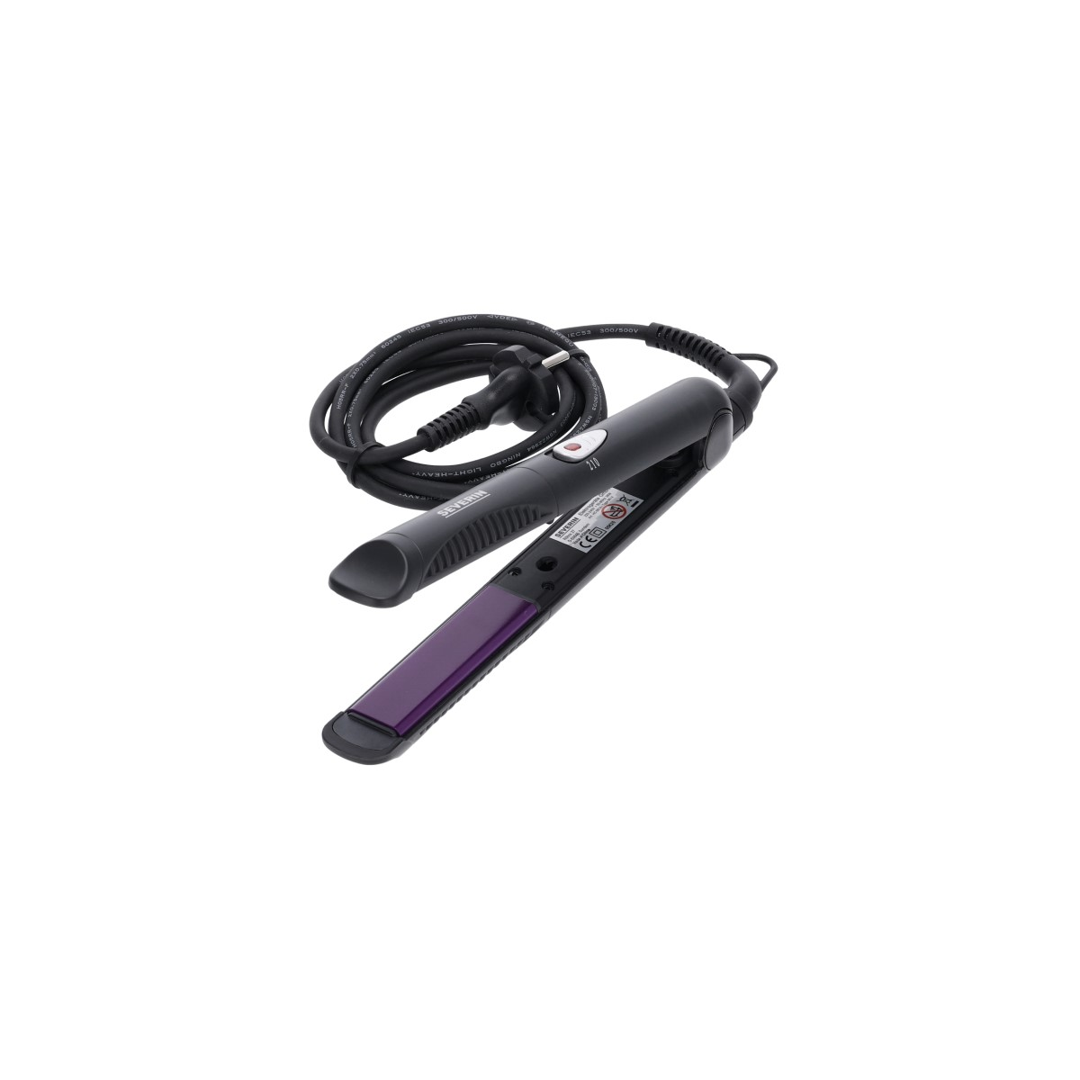 Una plancha para el pelo negra con placa morada y cable enrollado negro.