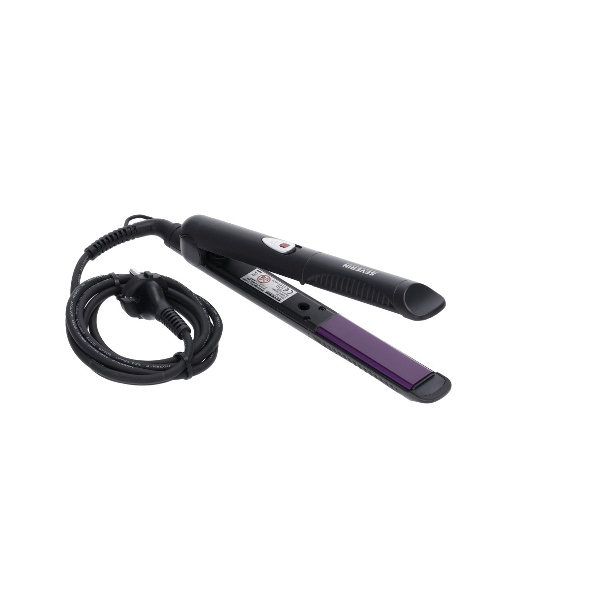 Plancha de pelo negra con placa morada. El cable está conectado. El aparato está sobre una superficie blanca.