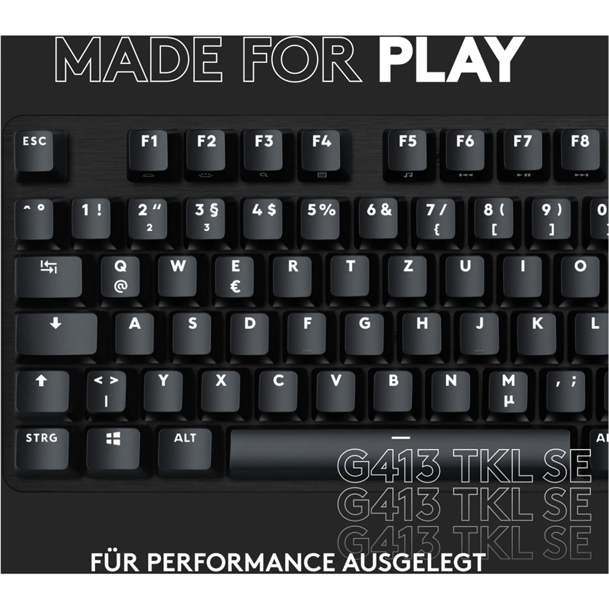 Czarna klawiatura z białymi literami, z napisami 'MADE FOR PLAY' i 'FÜR PERFORMANCE AUSGELEGT'.
