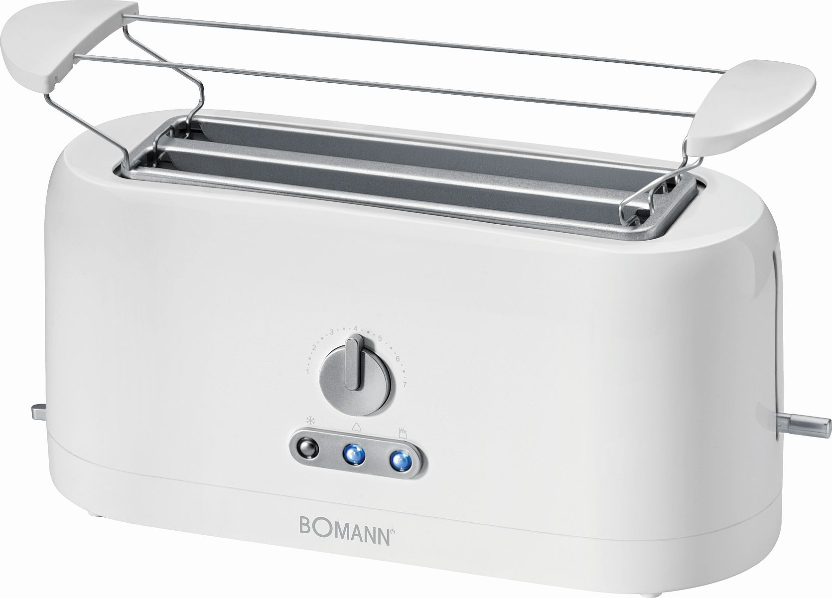 Weißer Toaster mit zwei Schlitzen, oberer Rost angehoben, Drehknopf und Knöpfen.