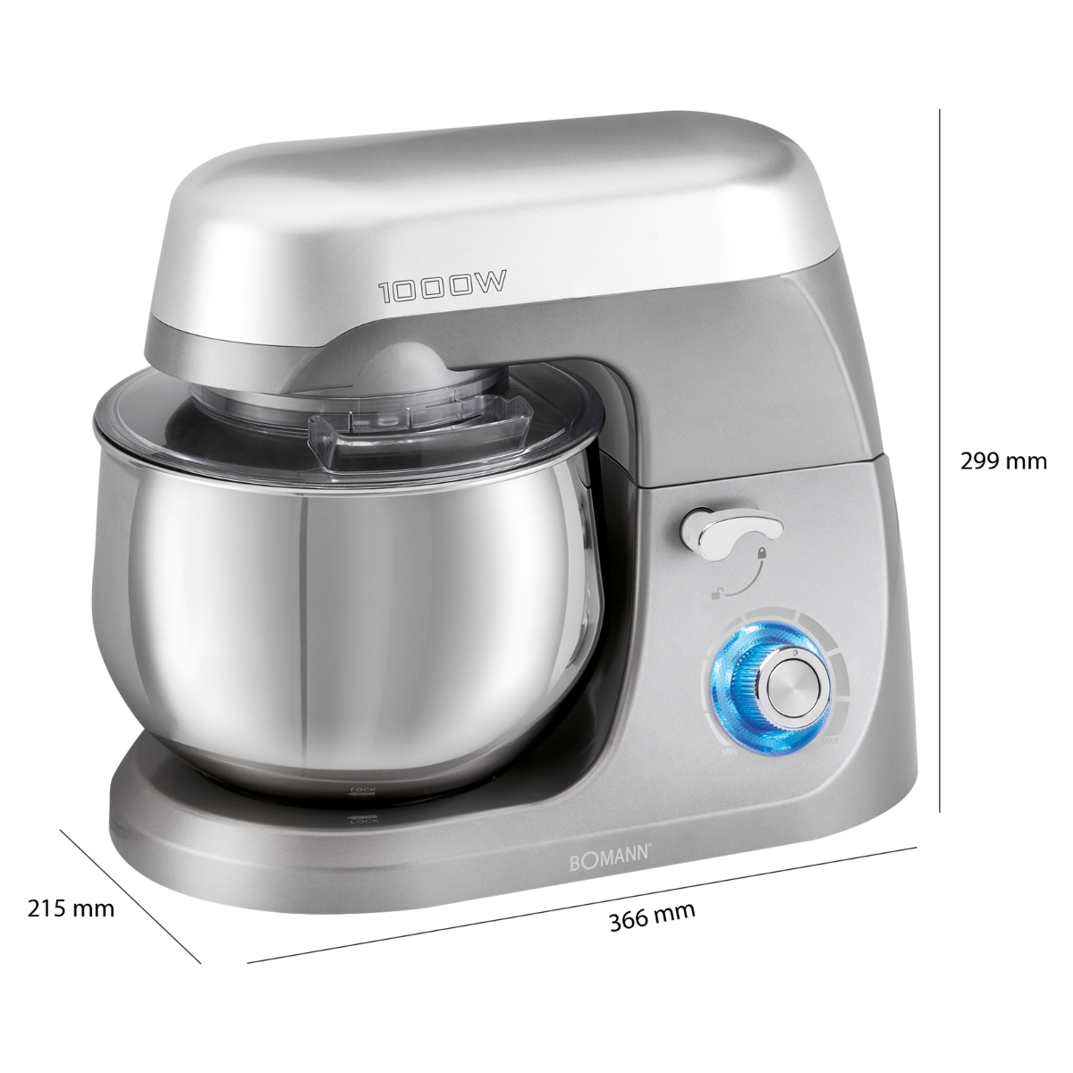 Srebrny i szary robot kuchenny. Widoczna miska i pokrywa. Niebieskie światło na pokrętle.