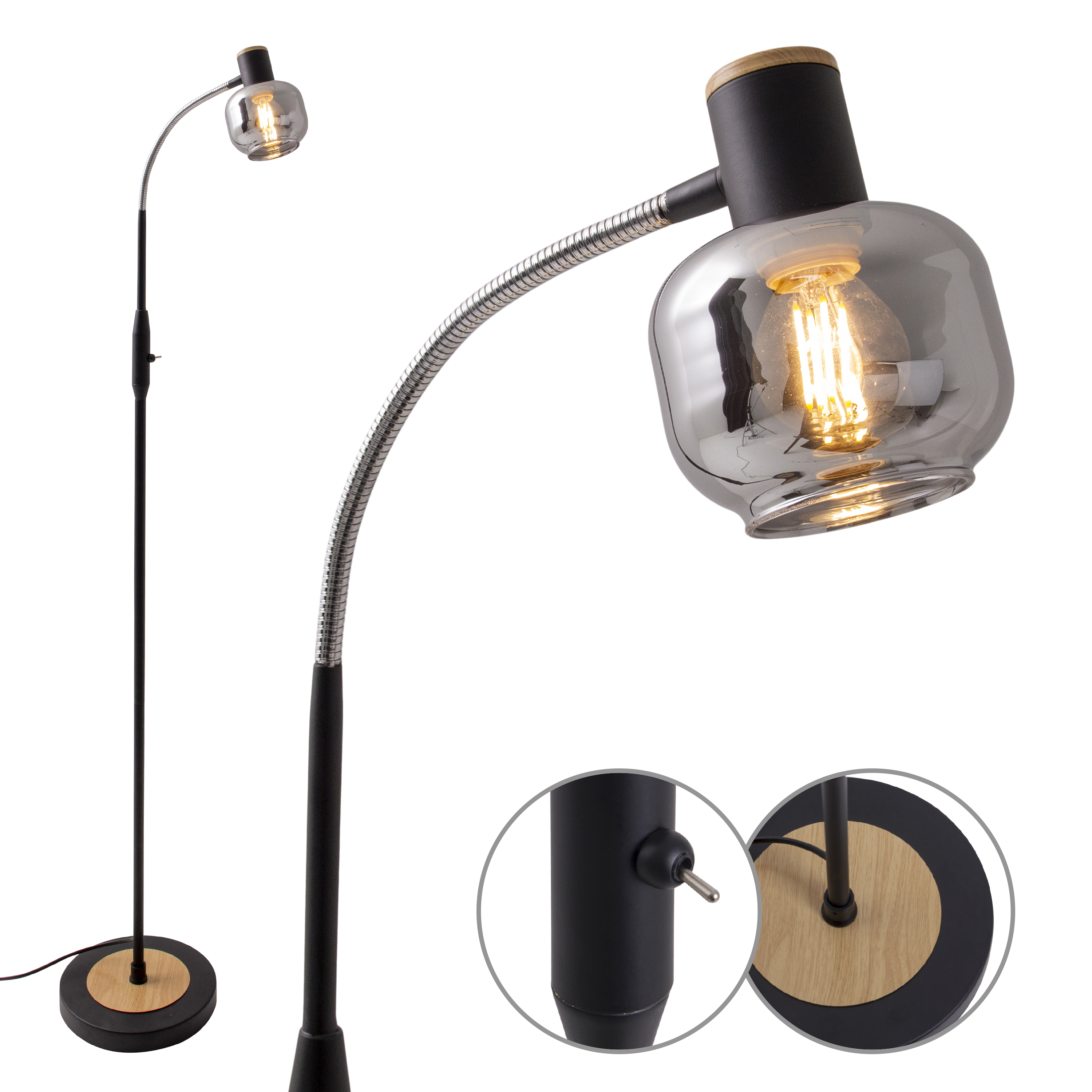 Schwarz-silberne Stehlampe, gebogener Hals, Glasschirm, beleuchtete Glühbirne, Holzsockel.