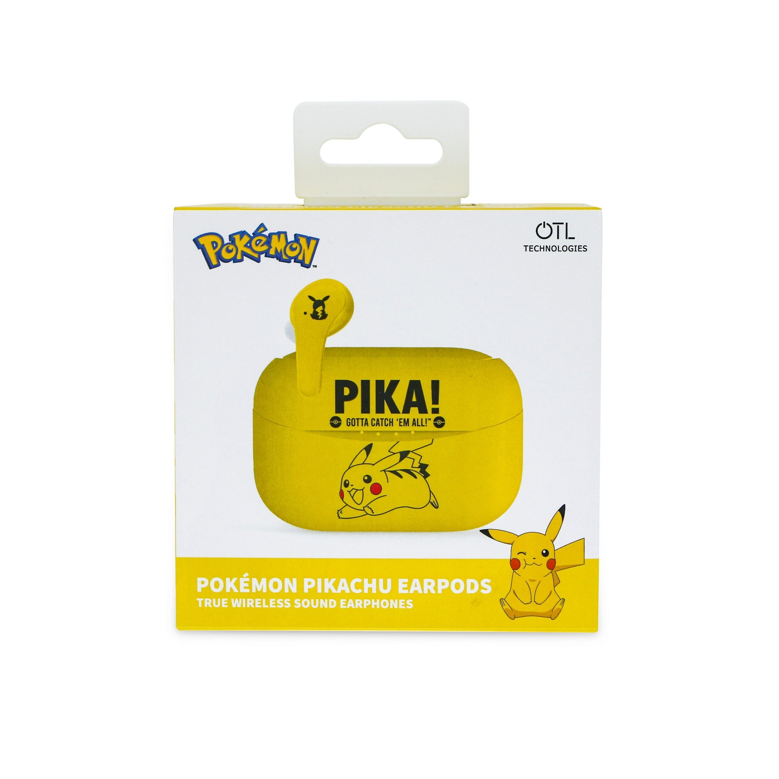 Żółte pudełko na słuchawki Pokemon Pikachu. Obraz Pikachu na pudełku. Żółte słuchawki. Białe tło.