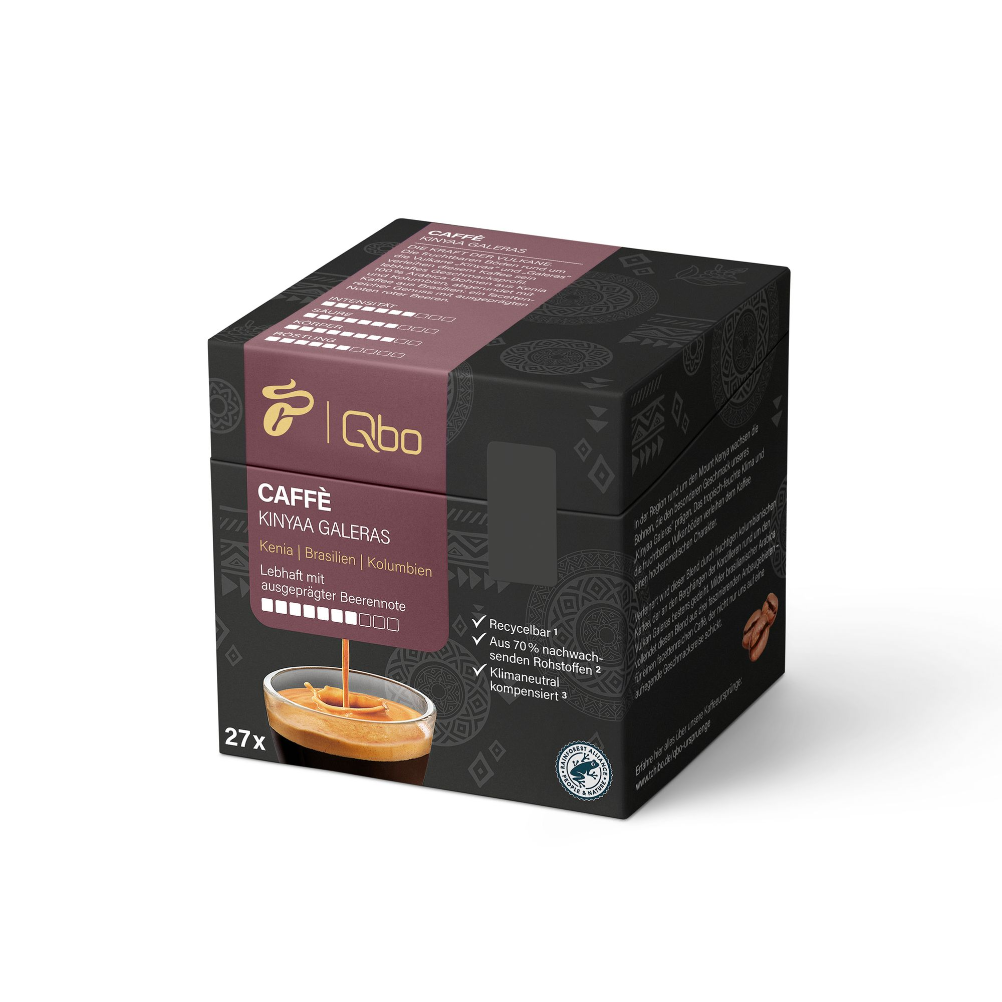 Kaffeekapsel-Box mit Text und einer Tasse Kaffee, die gegossen wird.