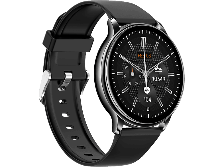 LEVOWATCH F2 Tel & Temp Smartwatch Aluminium-Rand Silikon + Edelstahlarmband, Schwarz