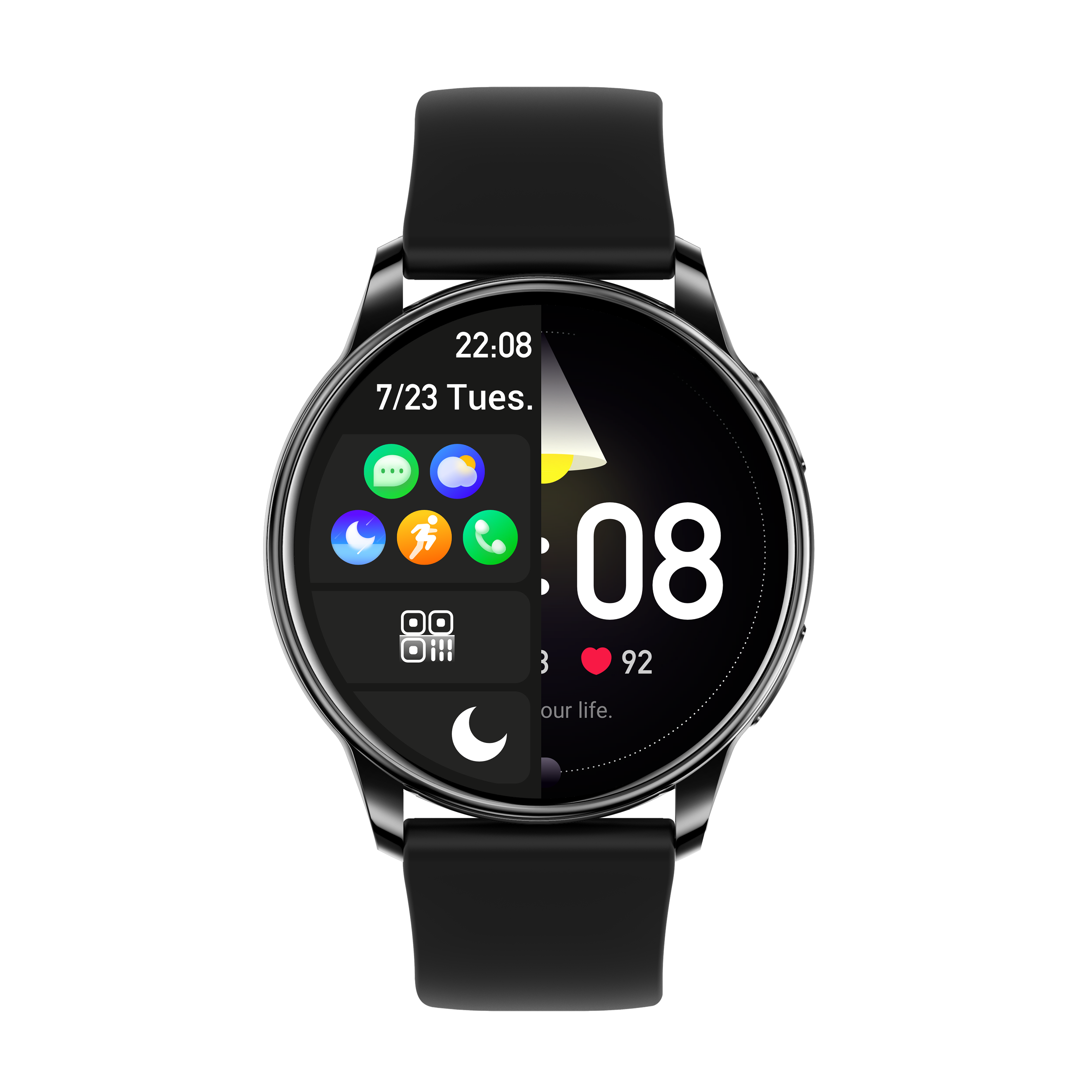 Schwarze Smartwatch mit Anzeige von Zeit, Datum, Symbolen und Herzfrequenzmesser.