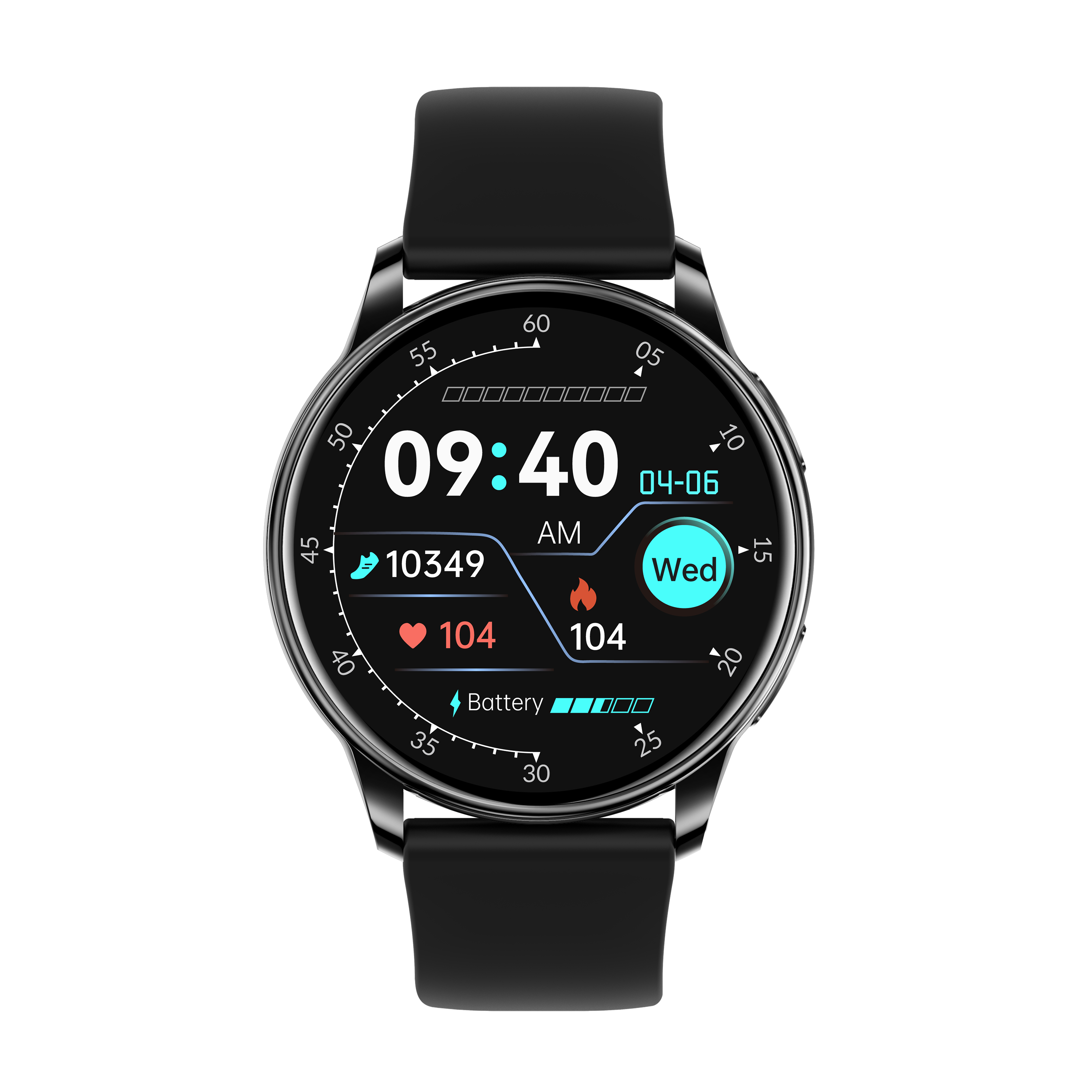 Schwarze Smartwatch mit Display, das Zeit, Herzfrequenz, Schritte und Akkustand anzeigt.