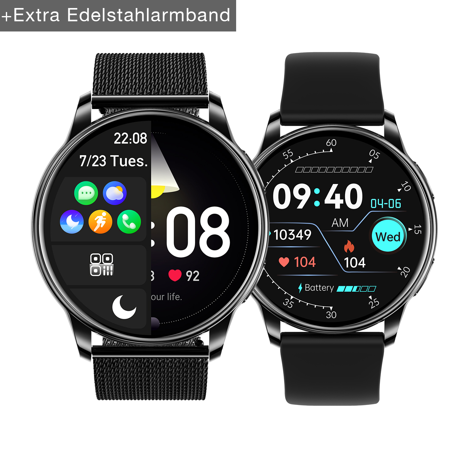 Zwei schwarze Smartwatches. Eine zeigt Zeit und Gesundheitsdaten. Beide haben schwarze Armbänder.