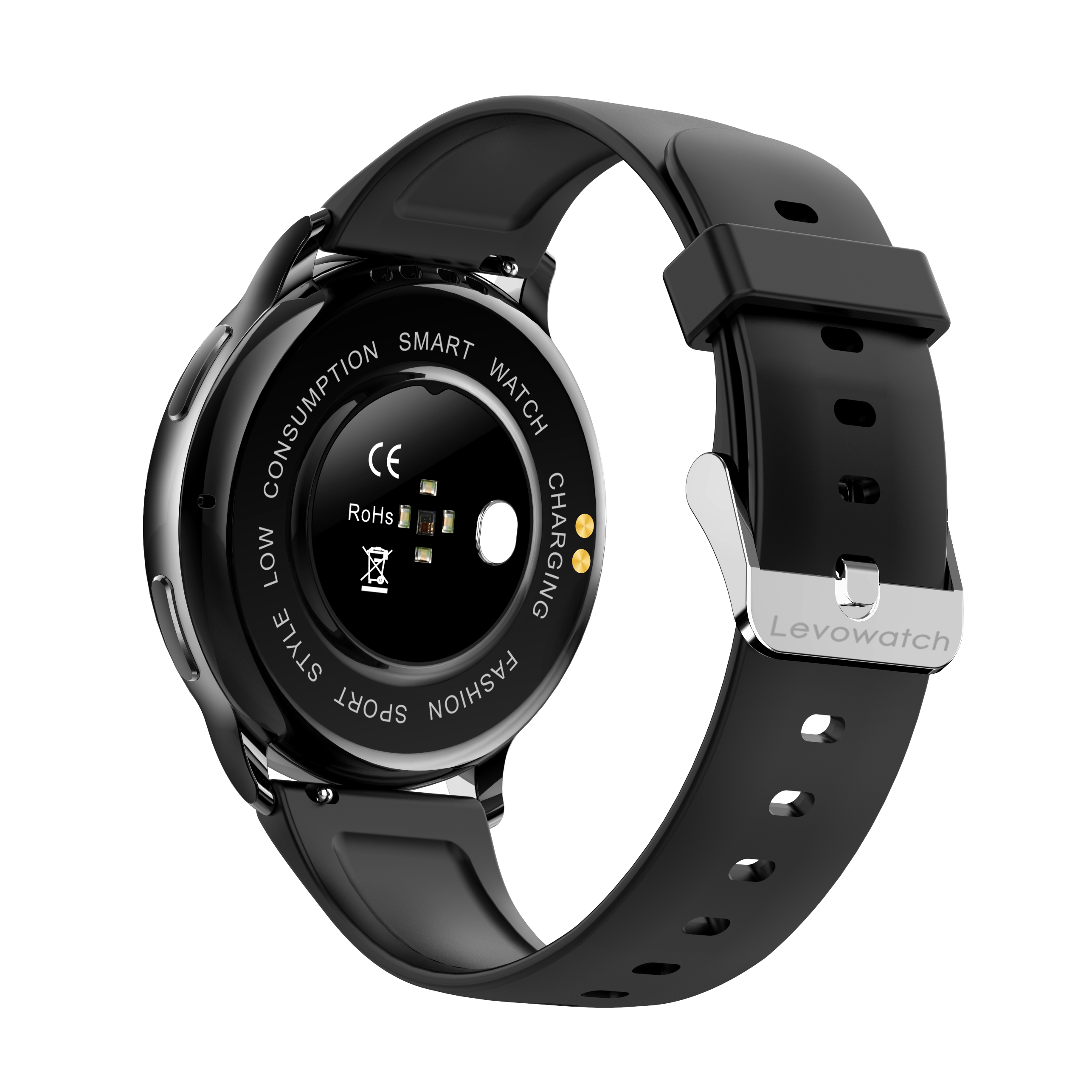 Schwarze Smartwatch mit schwarzem Armband. Die Rückseite zeigt den Ladepunkt und das Markenlogo.