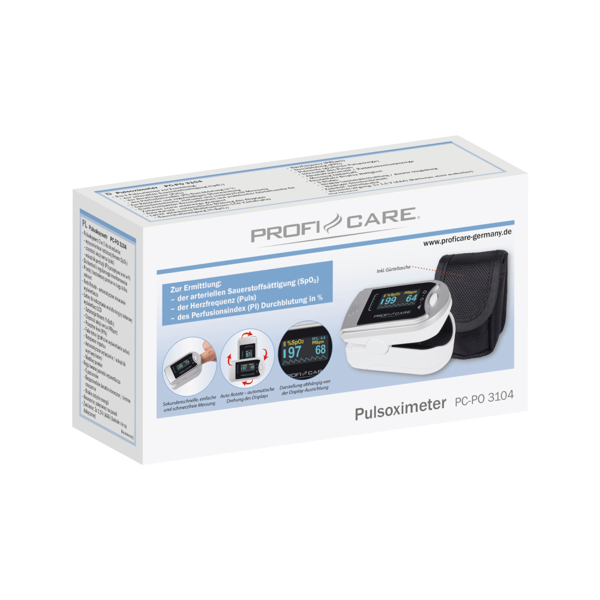Eine weiße Box mit Text und einem Bild eines Pulsoximeters. Die Box trägt das 'PROFI CARE' Logo.