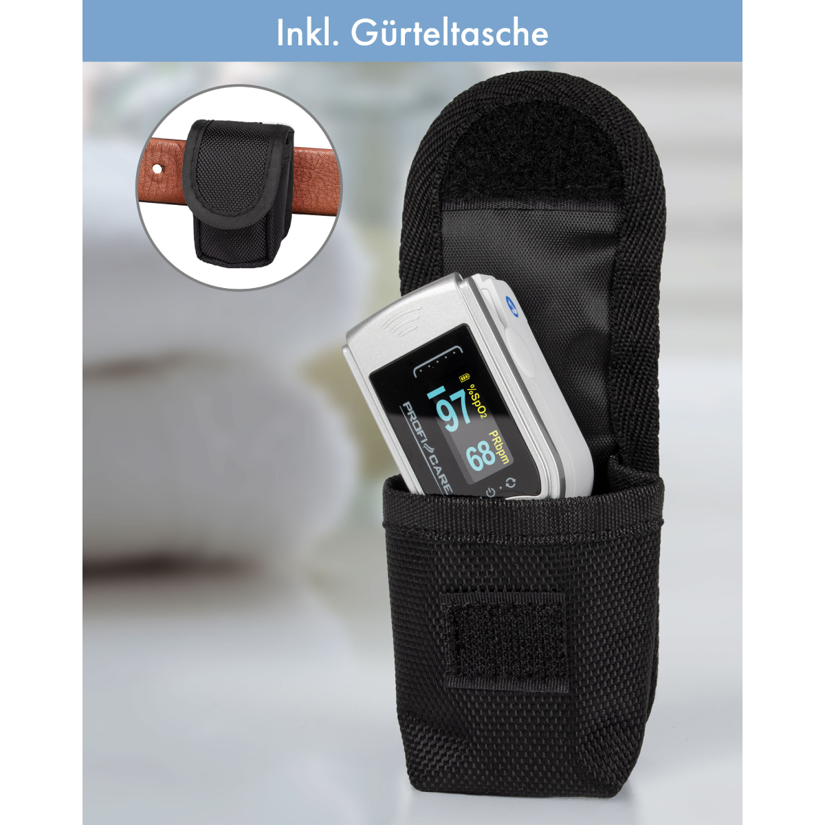 Ein Pulsoximeter in einem schwarzen Etui, das Gerät mit Display zeigend.